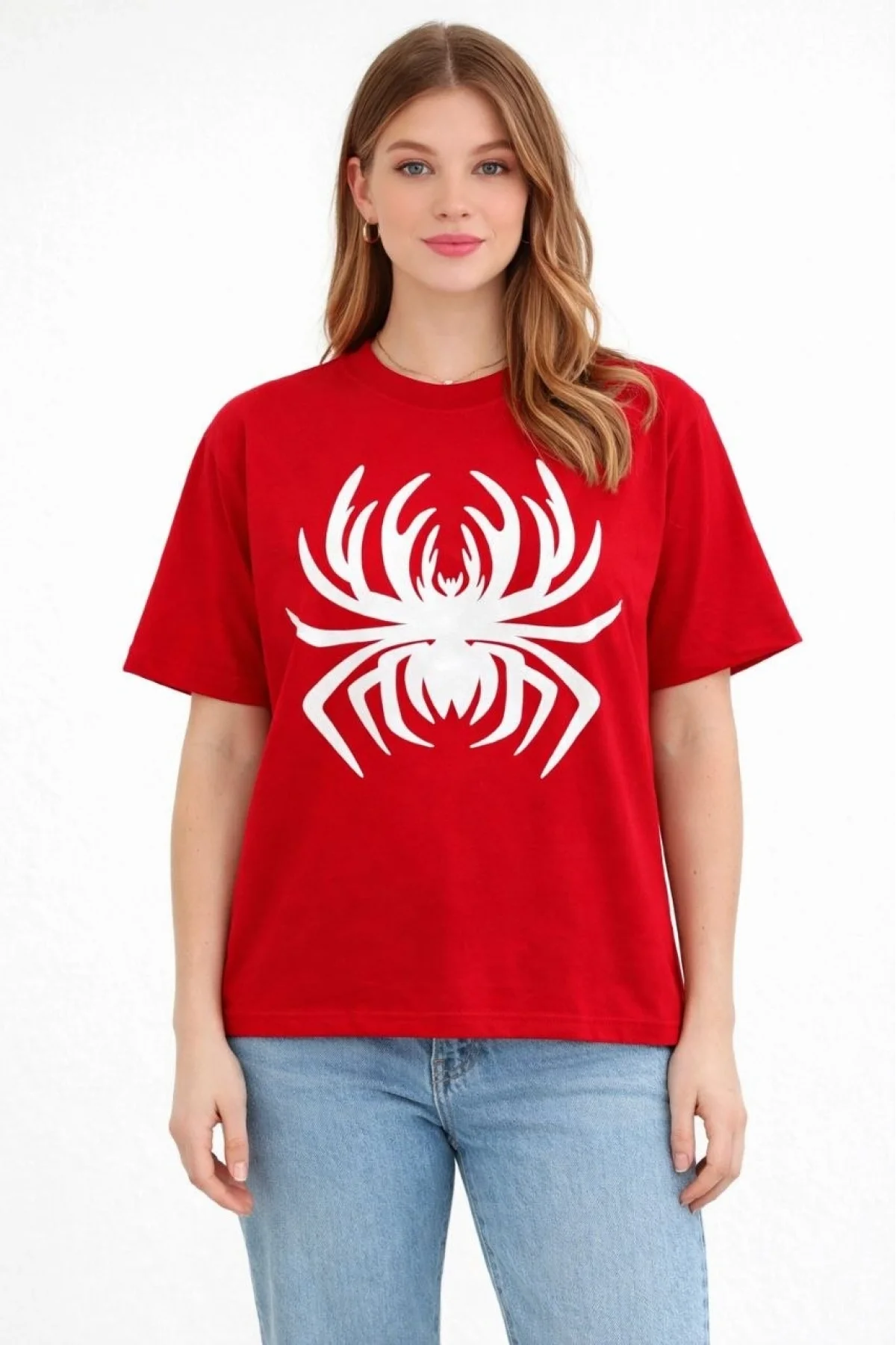 Kadın Örümcek Baskılı Tişört Kısa Kollu Bisiklet Yaka T-Shirt - Kırmızı