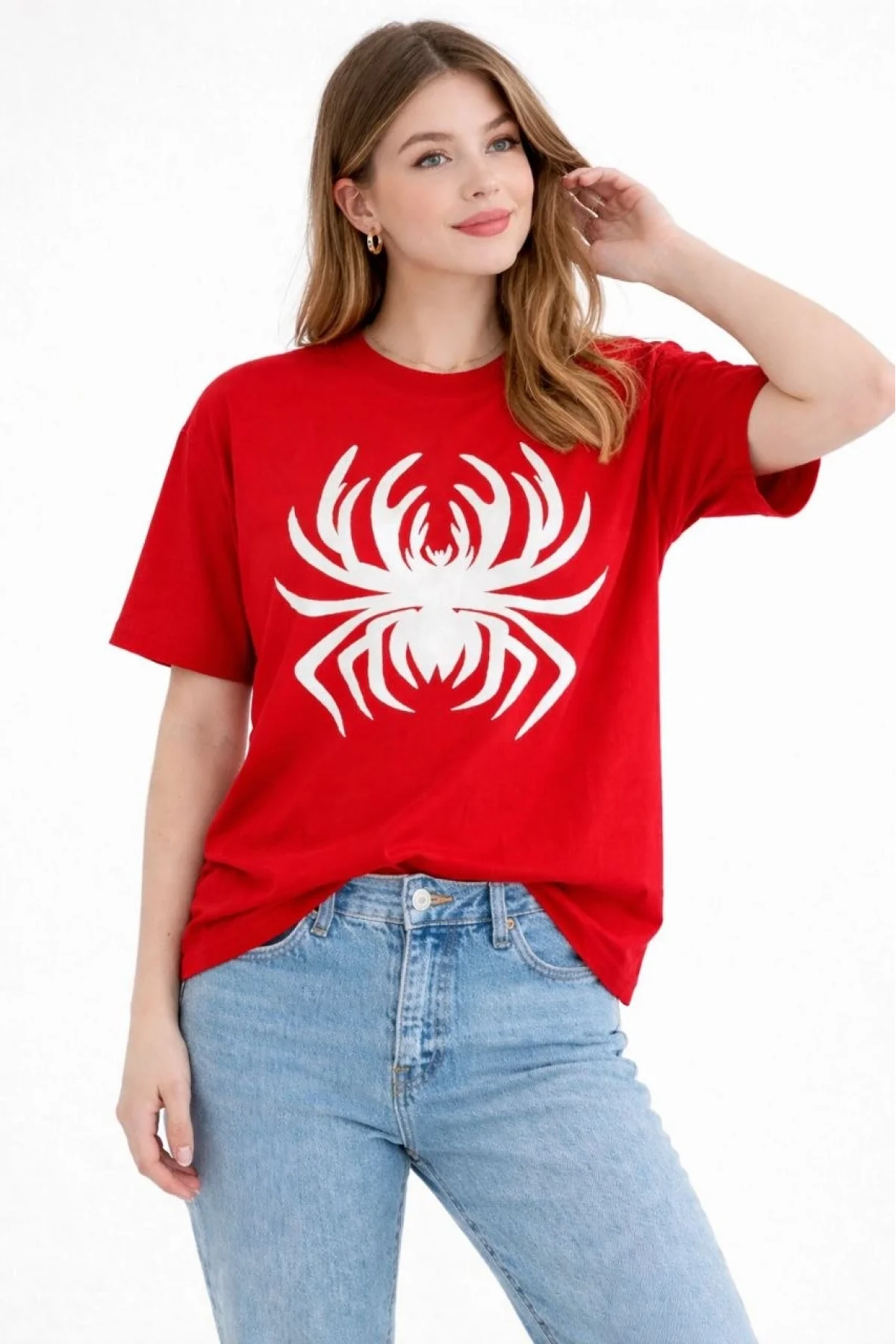 Kadın Örümcek Baskılı Tişört Kısa Kollu Bisiklet Yaka T-Shirt - Kırmızı