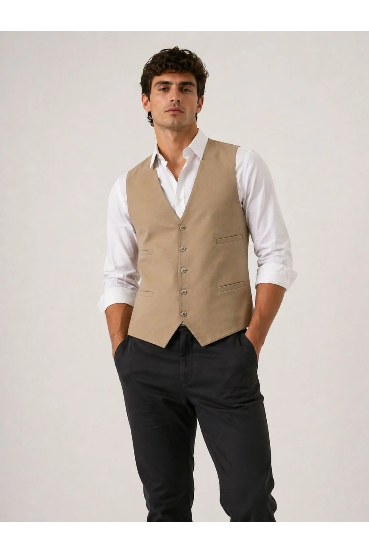 Erkek 6 Cepli Yelek İç Astarlı Sağ Sol İç Cepli Slim Fit Günlük Şık - Bej