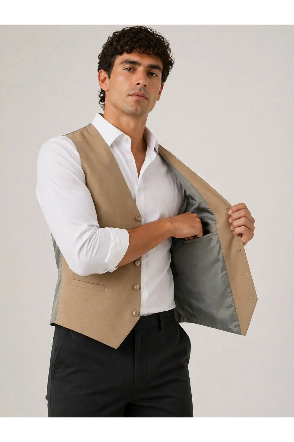 Erkek 6 Cepli Yelek İç Astarlı Sağ Sol İç Cepli Slim Fit Günlük Şık - Bej