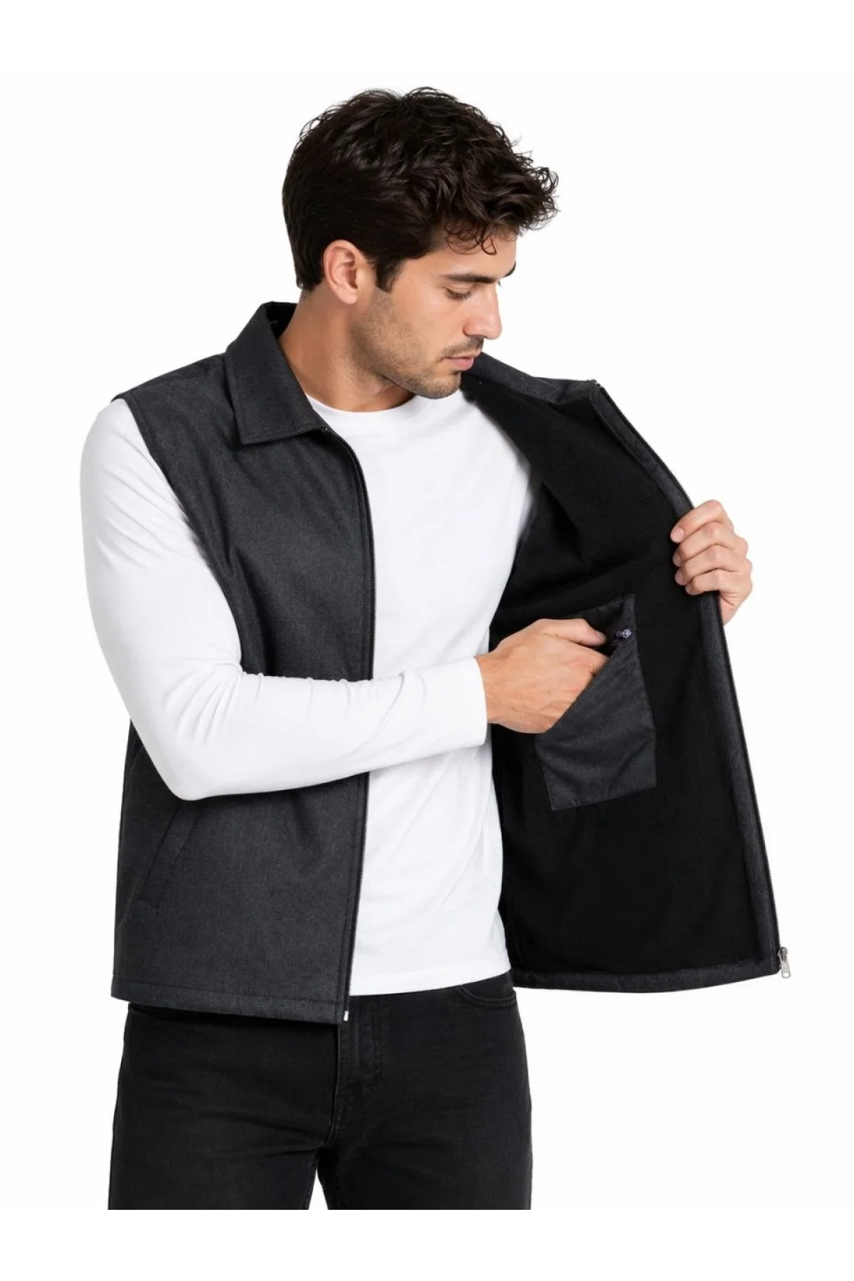 Erkek Fermuarlı Yelek 4 Cepli (İç Cepli) İç Astarlı Günlük Rahat Kalıp - Antrasit