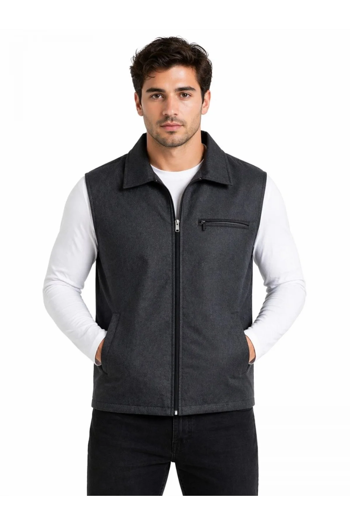 Erkek Fermuarlı Yelek 4 Cepli (İç Cepli) İç Astarlı Günlük Rahat Kalıp - Antrasit