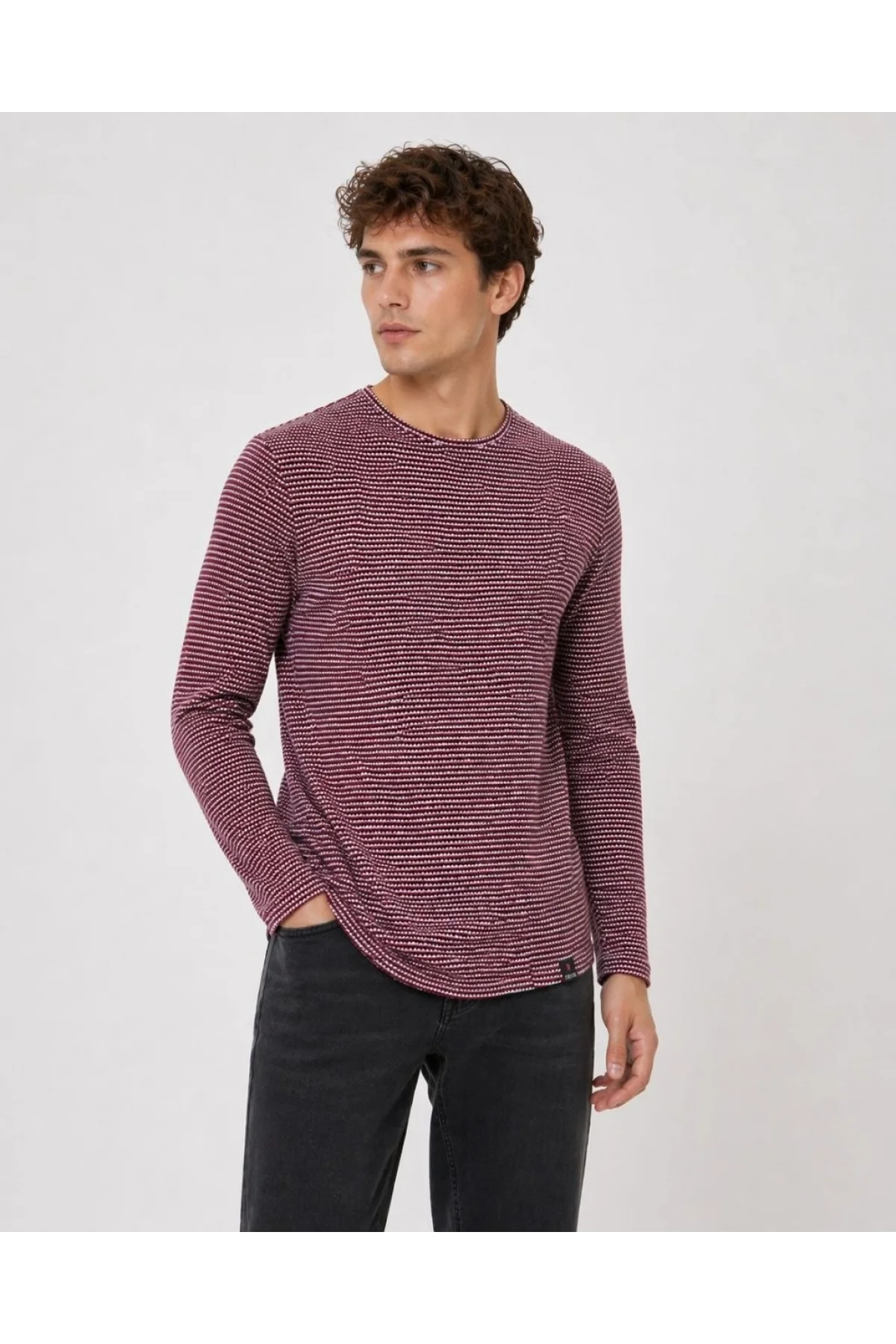 Erkek Dokulu Çizgili Uzun Kollu Tişört Oval Kesim - Bordo