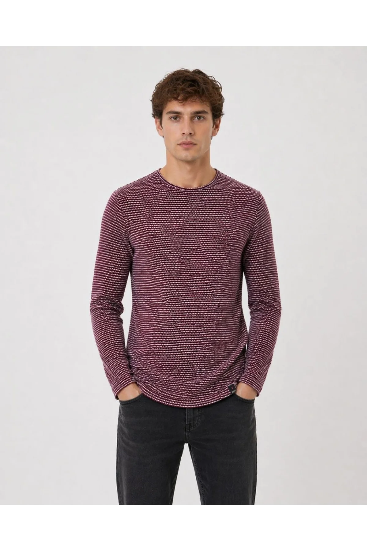 Erkek Dokulu Çizgili Uzun Kollu Tişört Oval Kesim - Bordo