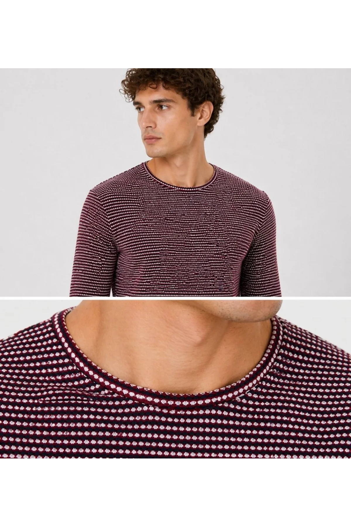Erkek Dokulu Çizgili Uzun Kollu Tişört Oval Kesim - Bordo