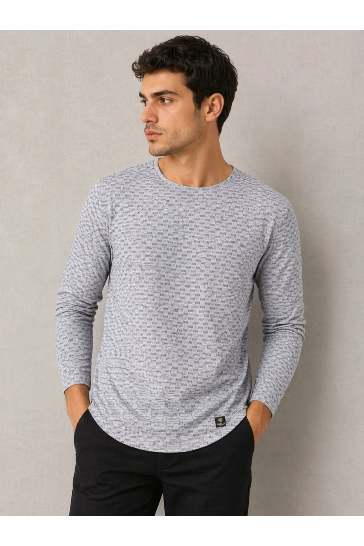 ErkekLikralı Dokulu Uzun Kollu Tişört Oval Kesim - Gri