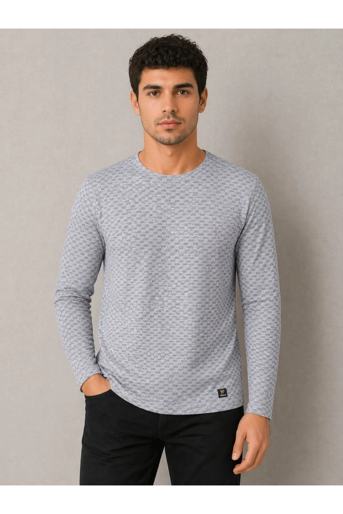 ErkekLikralı Dokulu Uzun Kollu Tişört Oval Kesim - Gri