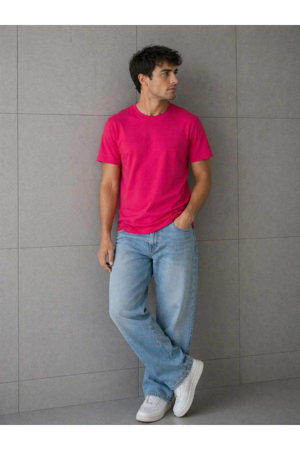 Erkek Basic Pamuklu Tişört Bisiklet Yaka Düz Renk Regular Fit T-Shirt - Fuşya