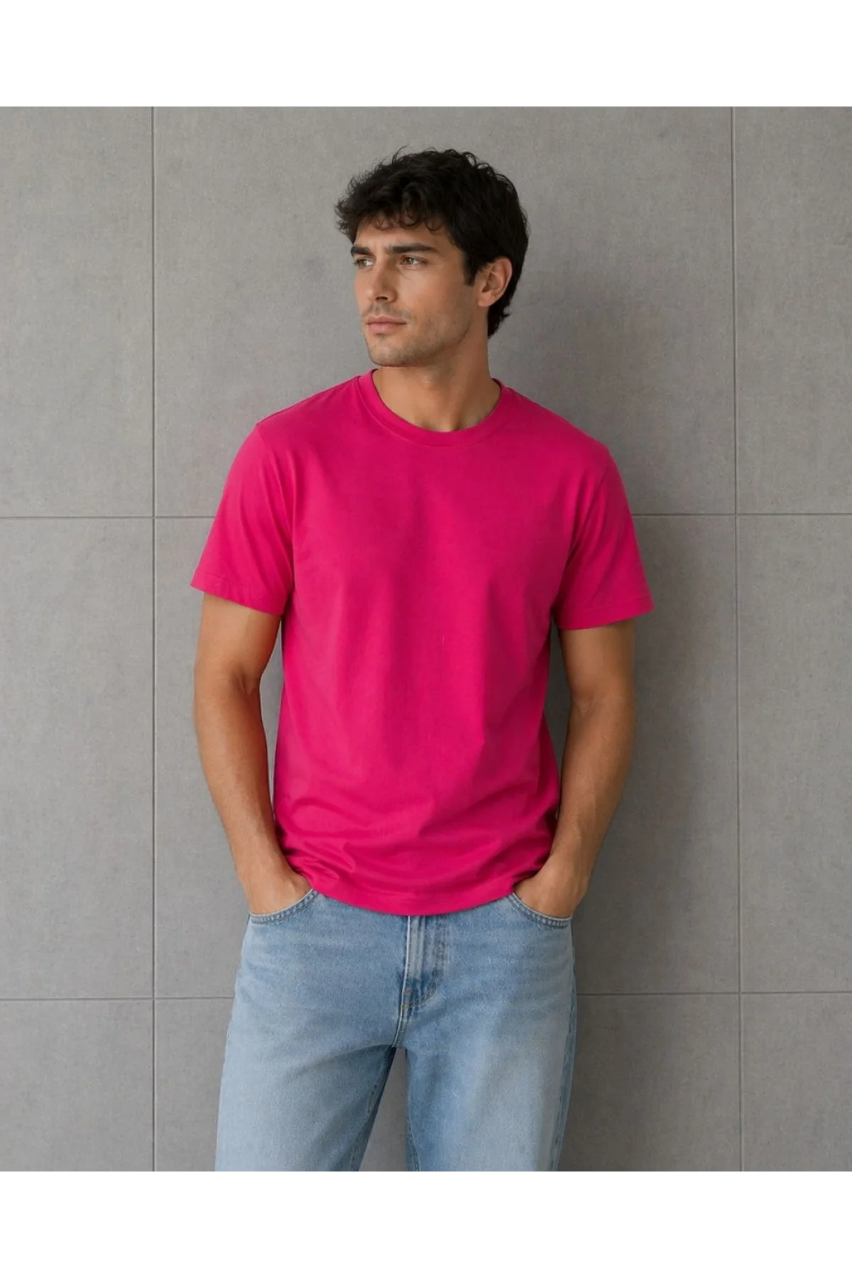 Erkek Basic Pamuklu Tişört Bisiklet Yaka Düz Renk Regular Fit T-Shirt - Fuşya