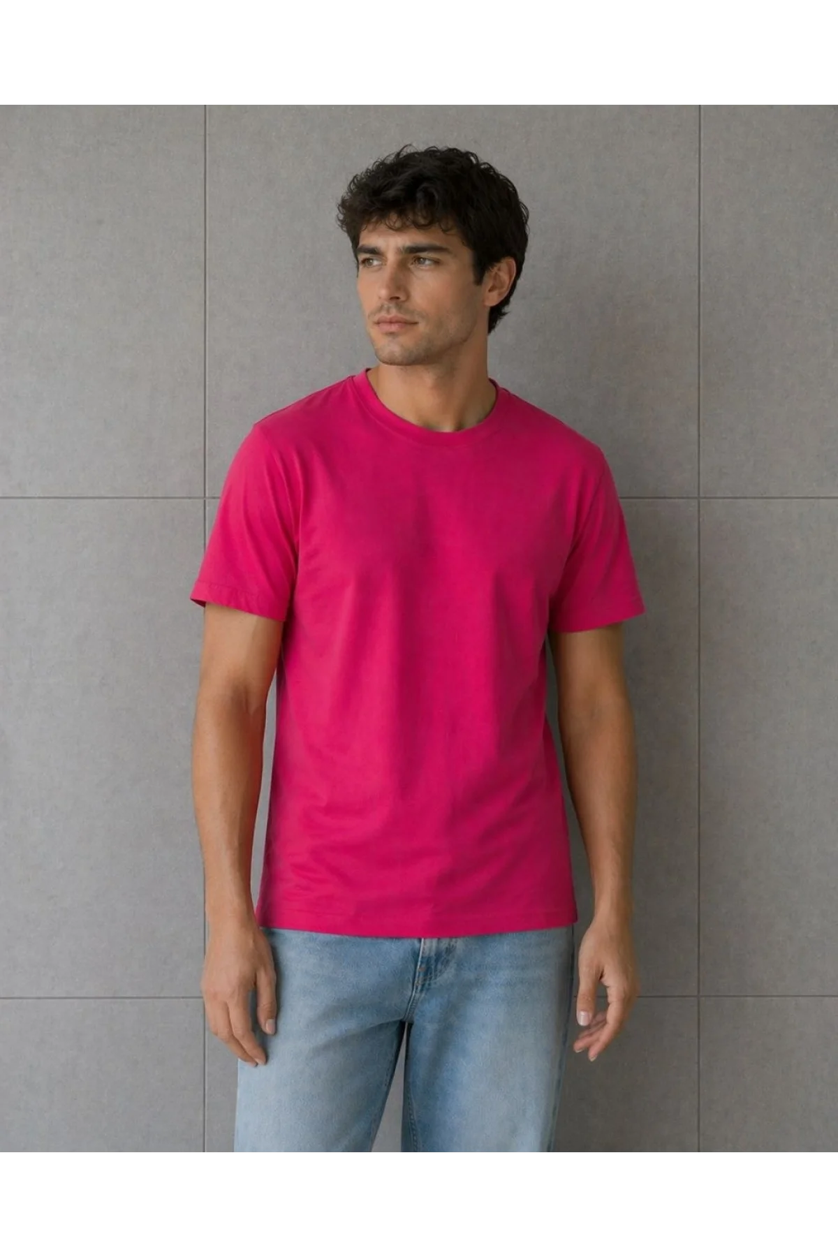 Erkek Basic Pamuklu Tişört Bisiklet Yaka Düz Renk Regular Fit T-Shirt - Fuşya