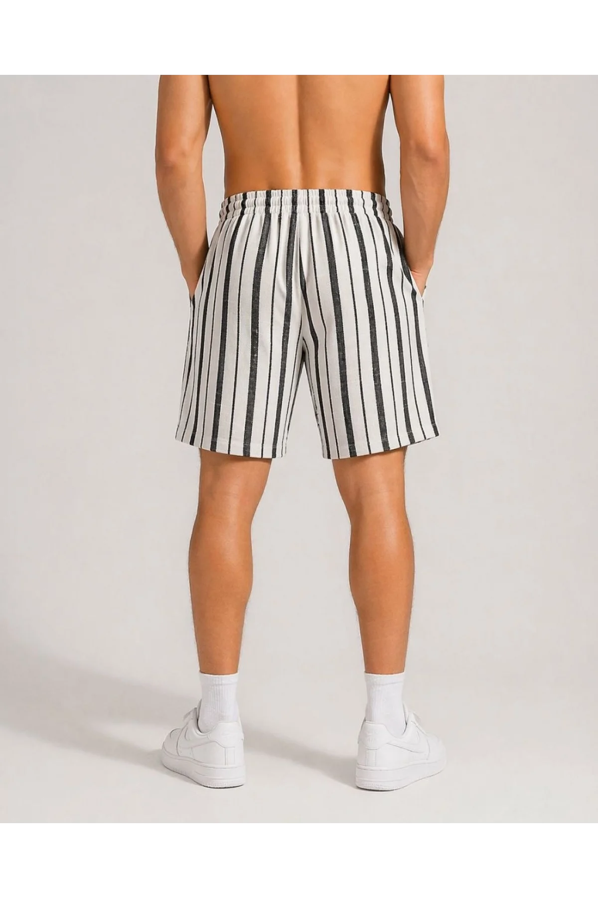 Erkek Çizgili Yazlık Şort Dokuma Kumaş Lastikli Bel Cepli Rahat Kesim - Ekru
