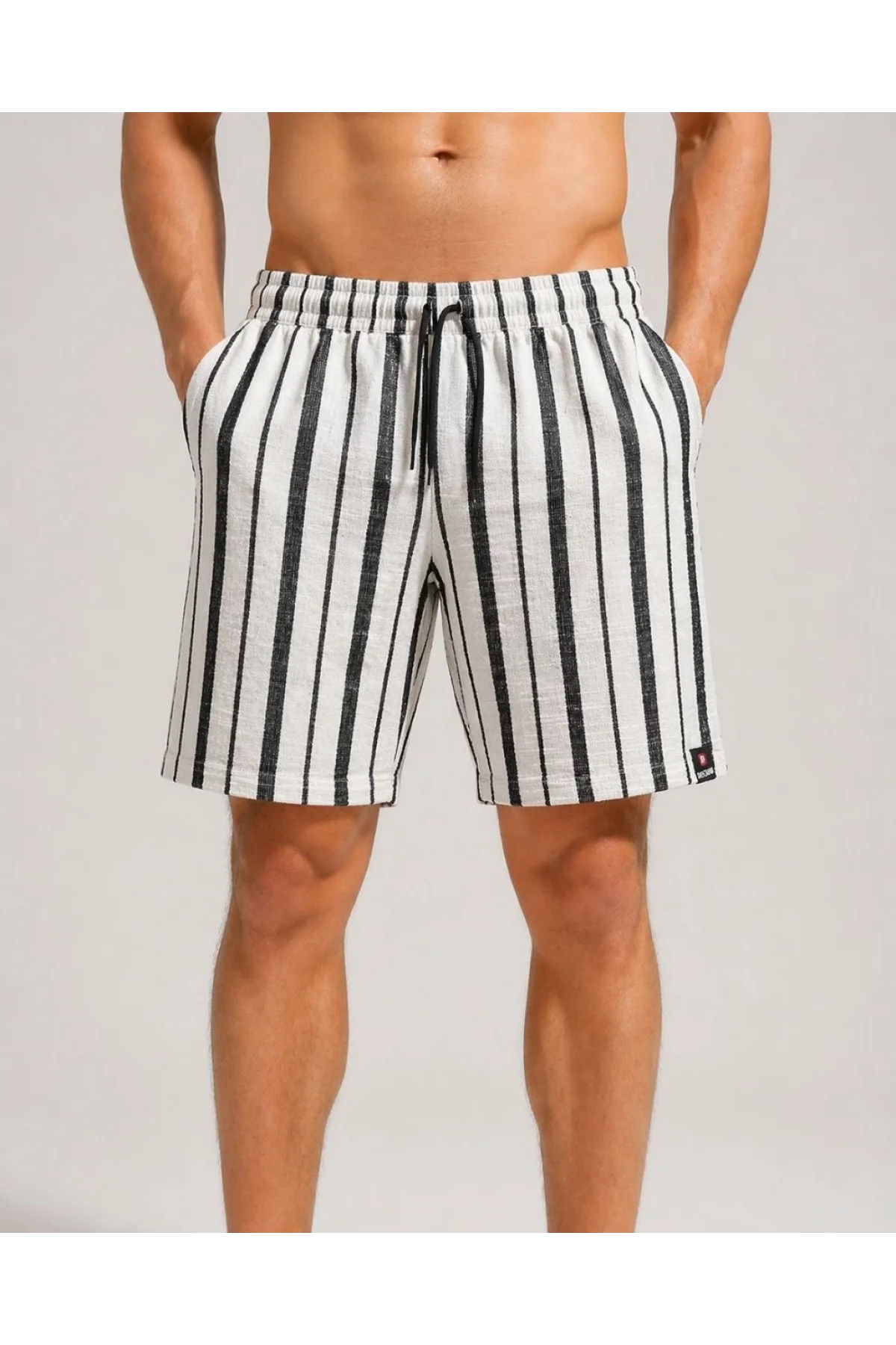 Erkek Çizgili Yazlık Şort Dokuma Kumaş Lastikli Bel Cepli Rahat Kesim - Ekru
