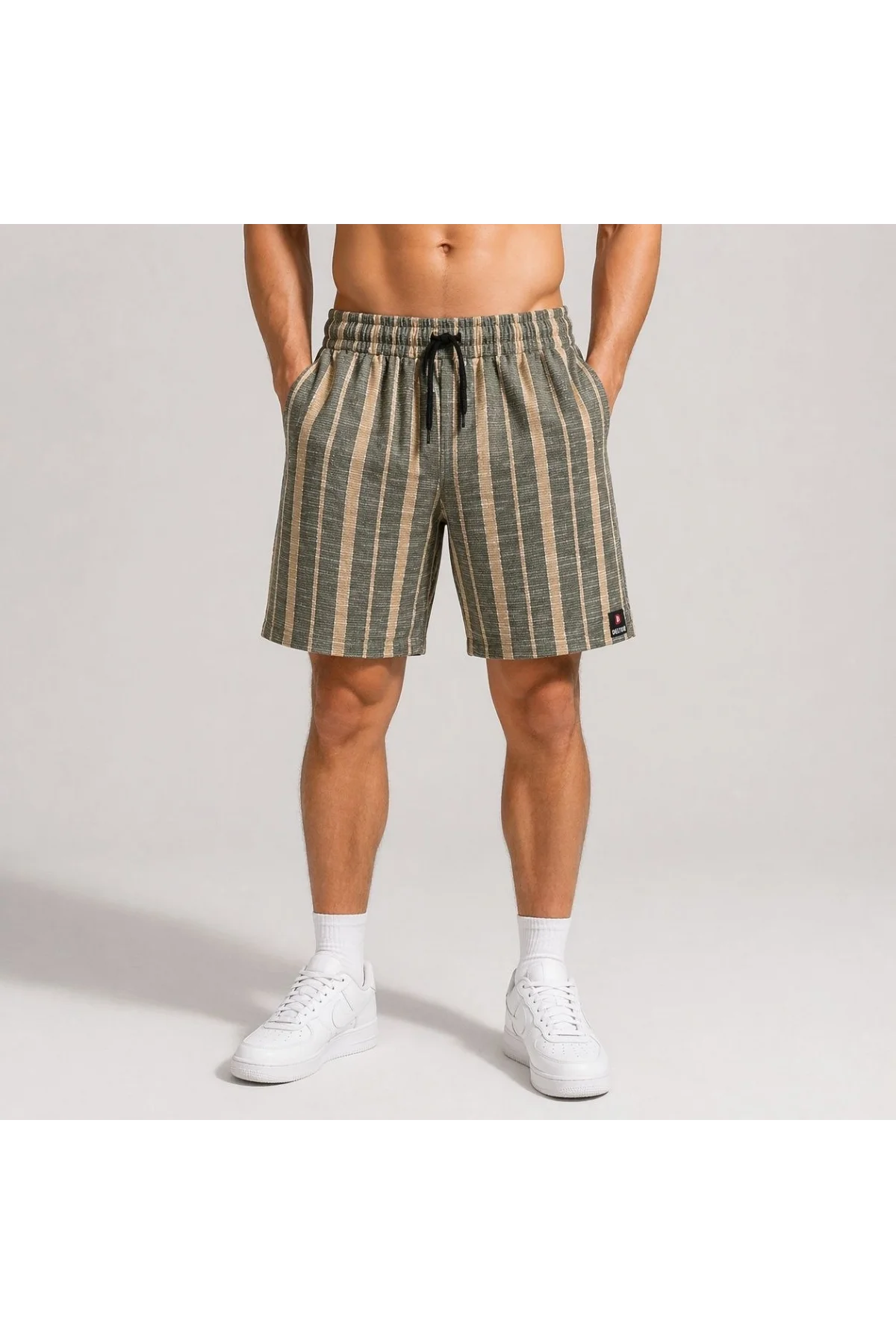 Erkek Çizgili Yazlık Şort Dokuma Kumaş Lastikli Bel Cepli Rahat Kesim - Haki