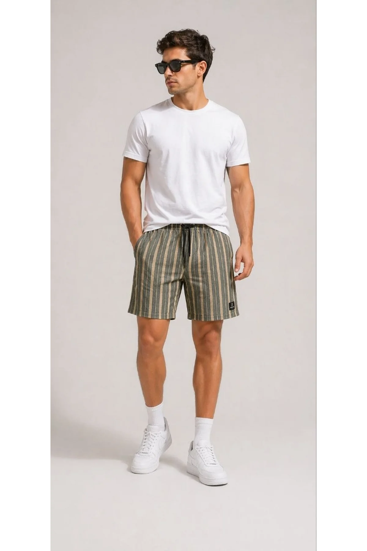 Erkek Çizgili Yazlık Şort Dokuma Kumaş Lastikli Bel Cepli Rahat Kesim - Haki
