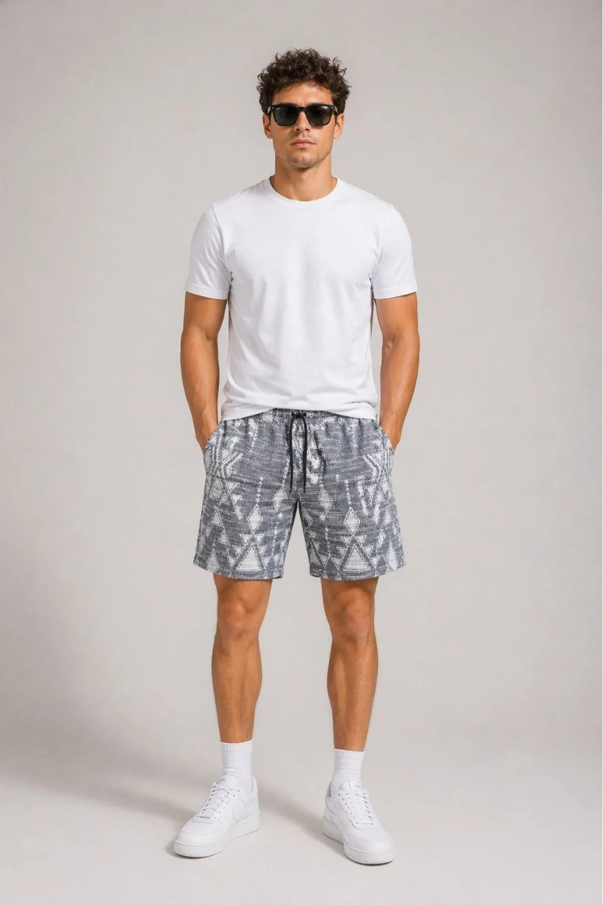 Erkek Desenli Dokuma Yazlık Şort Lastikli Bel Bağcıklı Rahat Kesim - Gri