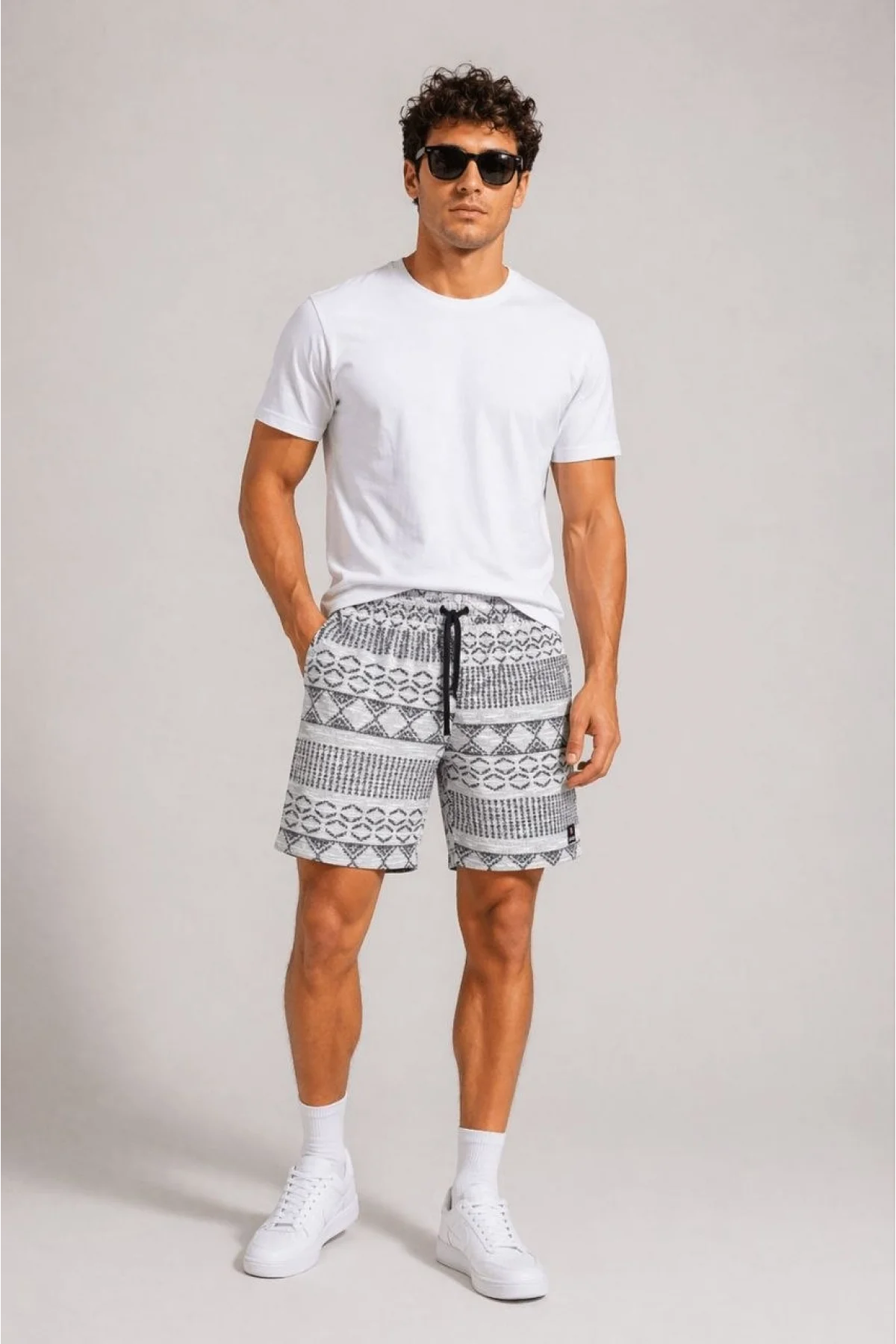 Erkek Dokuma Etnik Desenli Şort Lastikli Bel Bağcıklı Cepli Yazlık Rahat - Gri