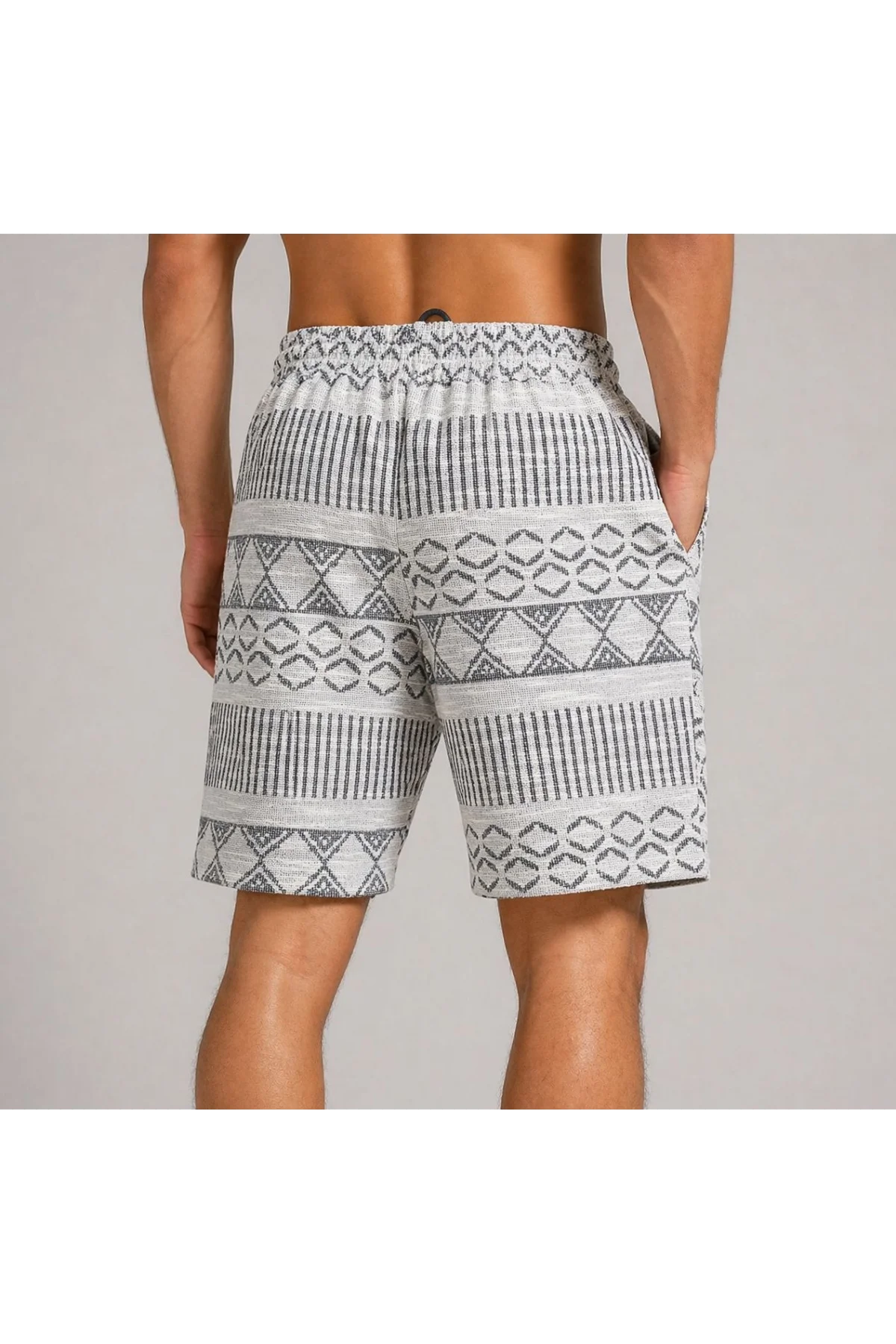 Erkek Dokuma Etnik Desenli Şort Lastikli Bel Bağcıklı Cepli Yazlık Rahat - Gri