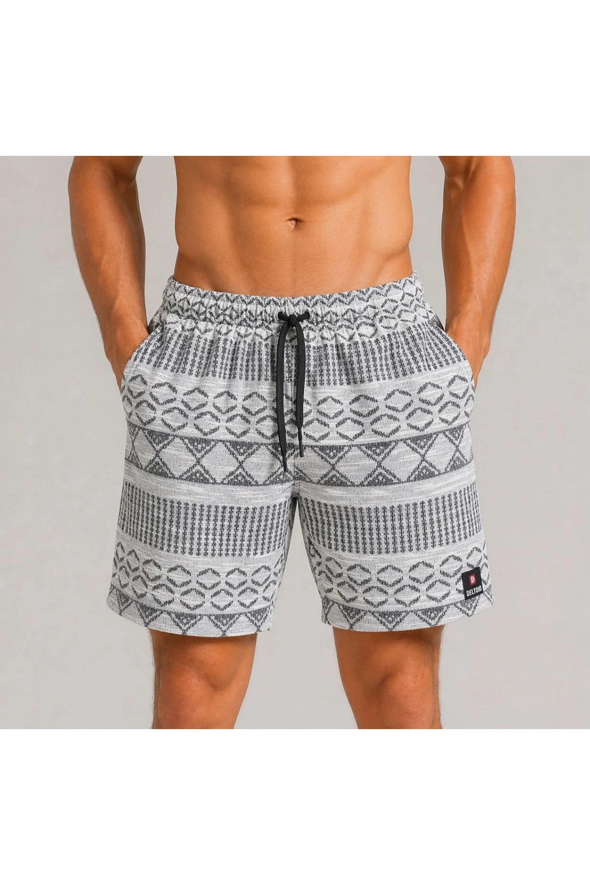Erkek Dokuma Etnik Desenli Şort Lastikli Bel Bağcıklı Cepli Yazlık Rahat - Gri