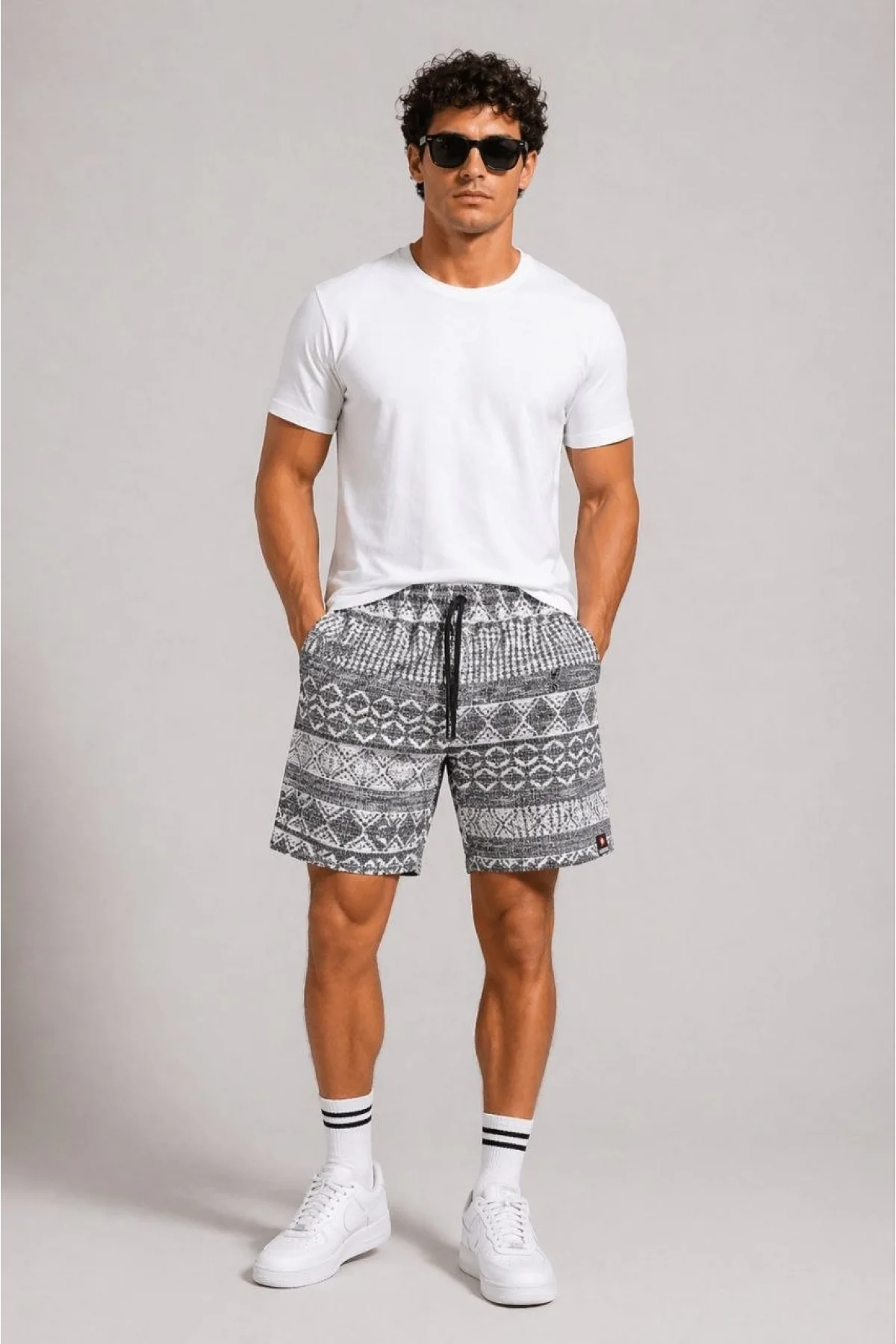 Erkek Dokuma Etnik Desenli Şort Lastikli Bel Bağcıklı Cepli Yazlık Rahat - Gri