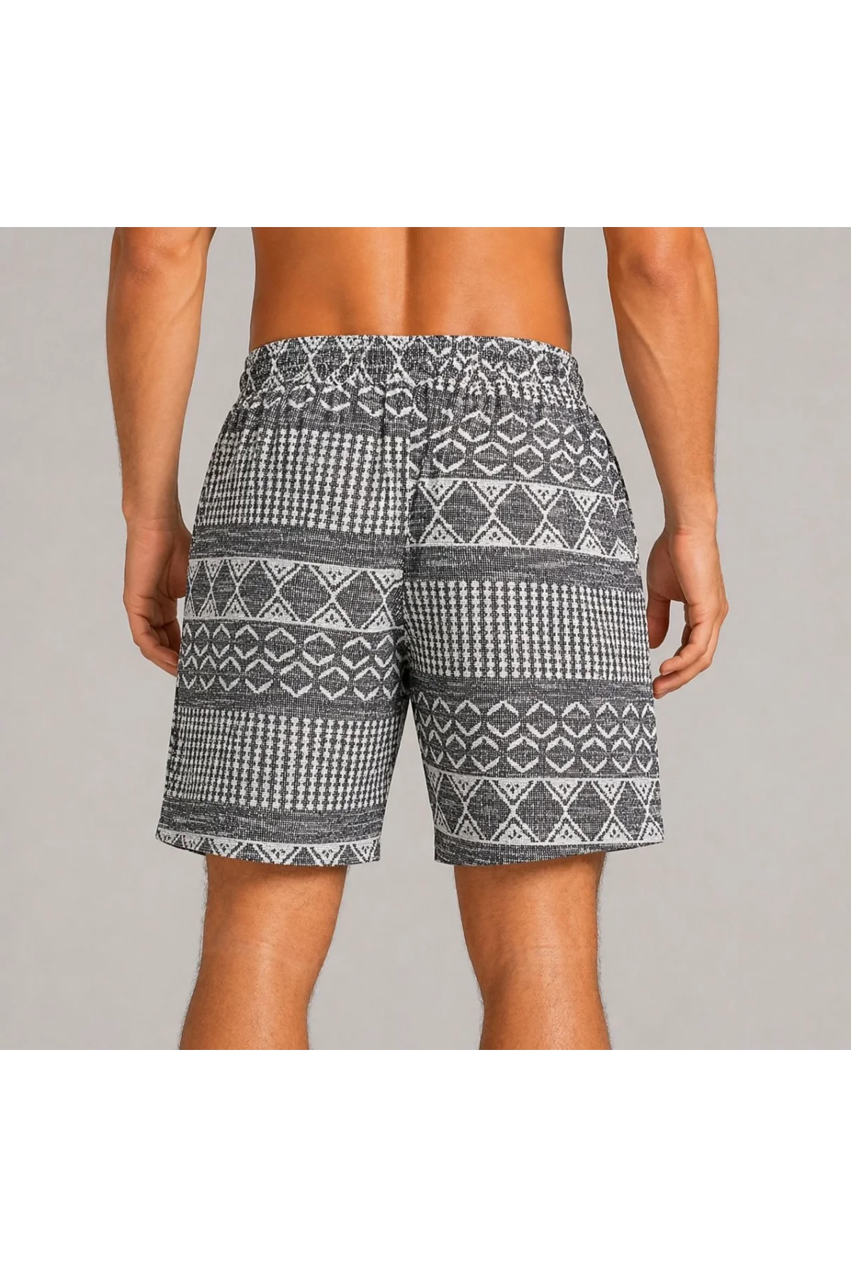 Erkek Dokuma Etnik Desenli Şort Lastikli Bel Bağcıklı Cepli Yazlık Rahat - Gri