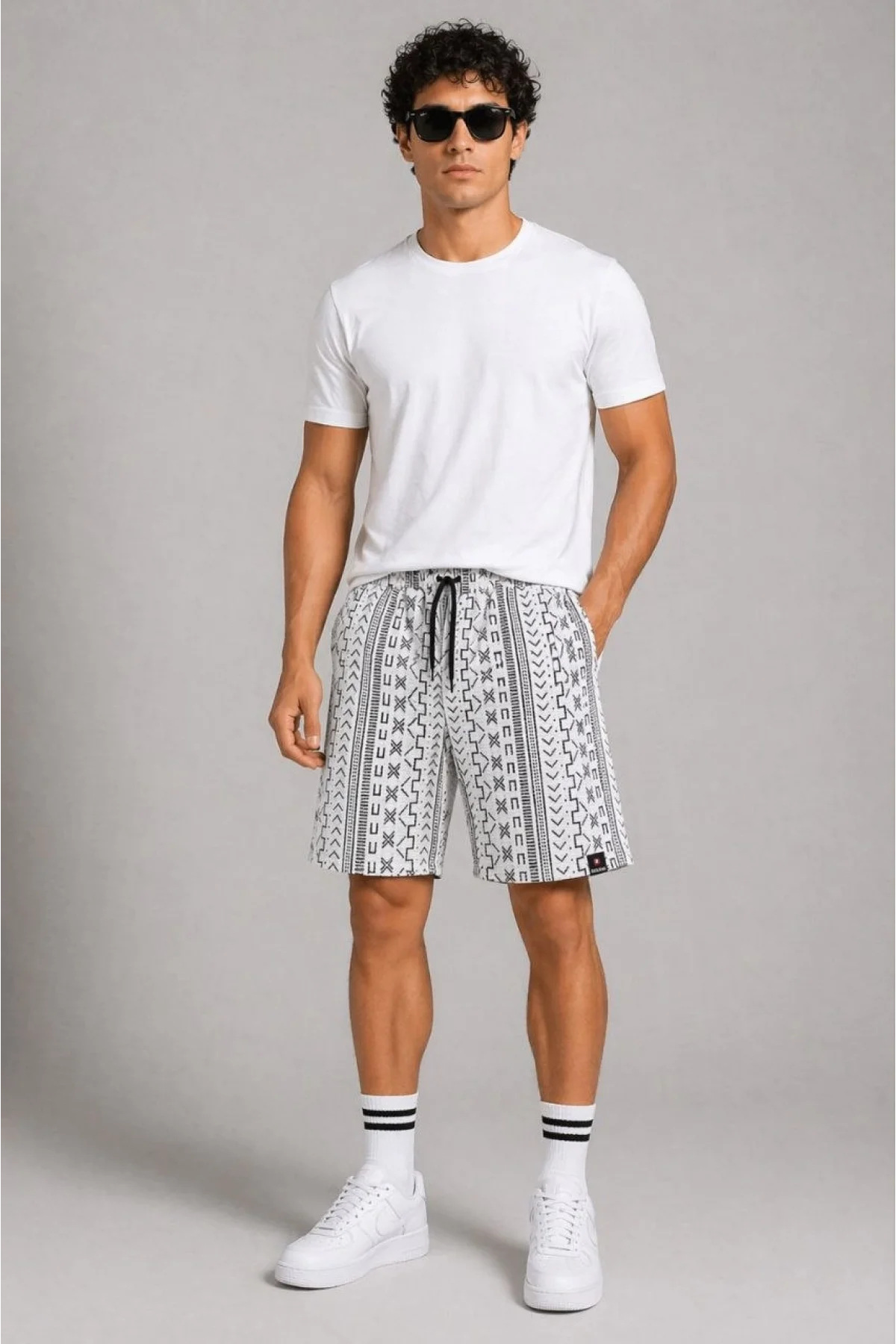 Erkek Etnik Desenli Dokuma Şort Lastikli Bağcıklı Bel Cepli Yazlık Rahat - Gri
