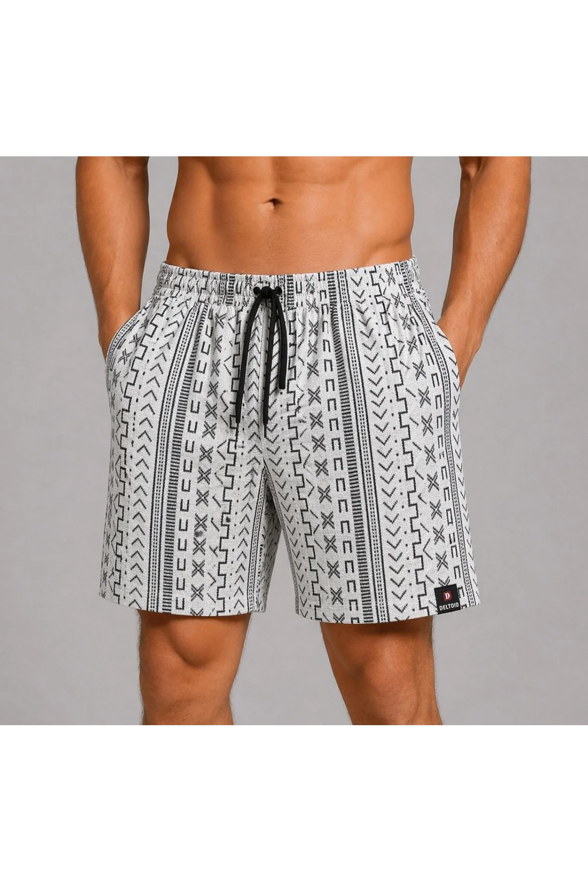 Erkek Etnik Desenli Dokuma Şort Lastikli Bağcıklı Bel Cepli Yazlık Rahat - Gri