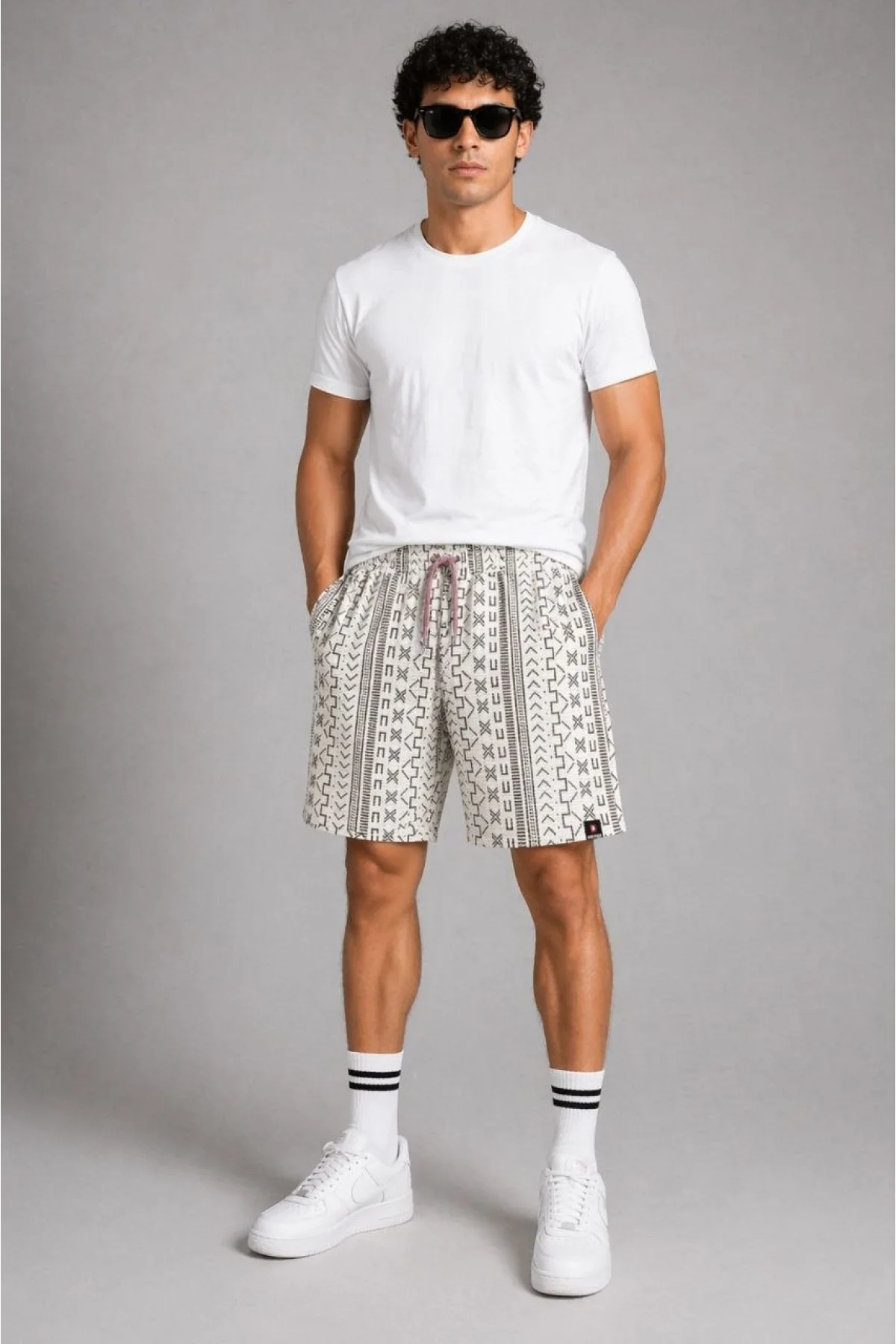 Erkek Dokuma Şort Etnik Desenli Lastikli Bağcıklı Bel Cepli Yazlık Rahat - Bej