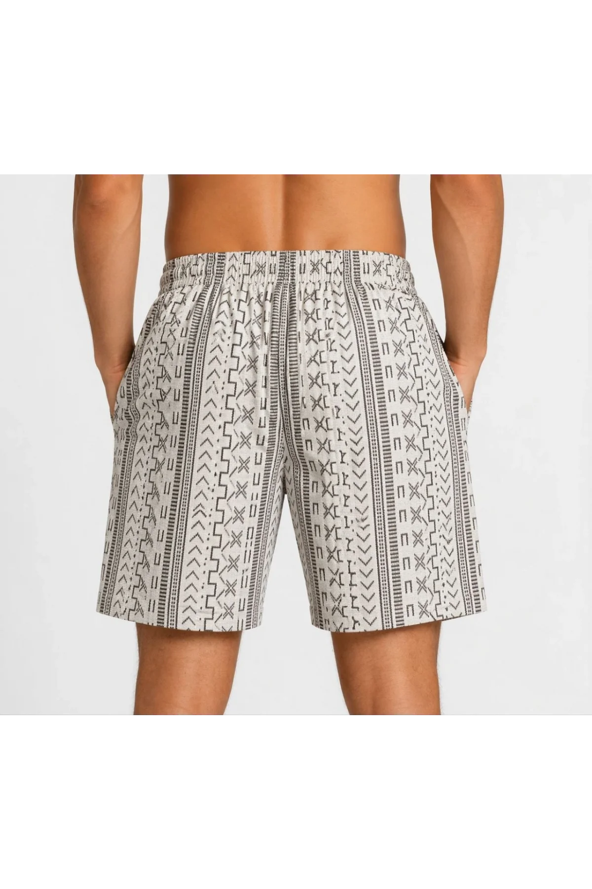 Erkek Dokuma Şort Etnik Desenli Lastikli Bağcıklı Bel Cepli Yazlık Rahat - Bej