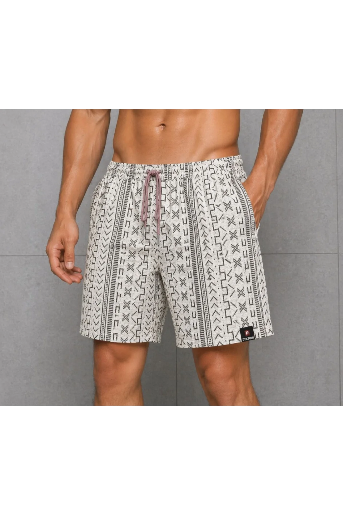 Erkek Dokuma Şort Etnik Desenli Lastikli Bağcıklı Bel Cepli Yazlık Rahat - Bej