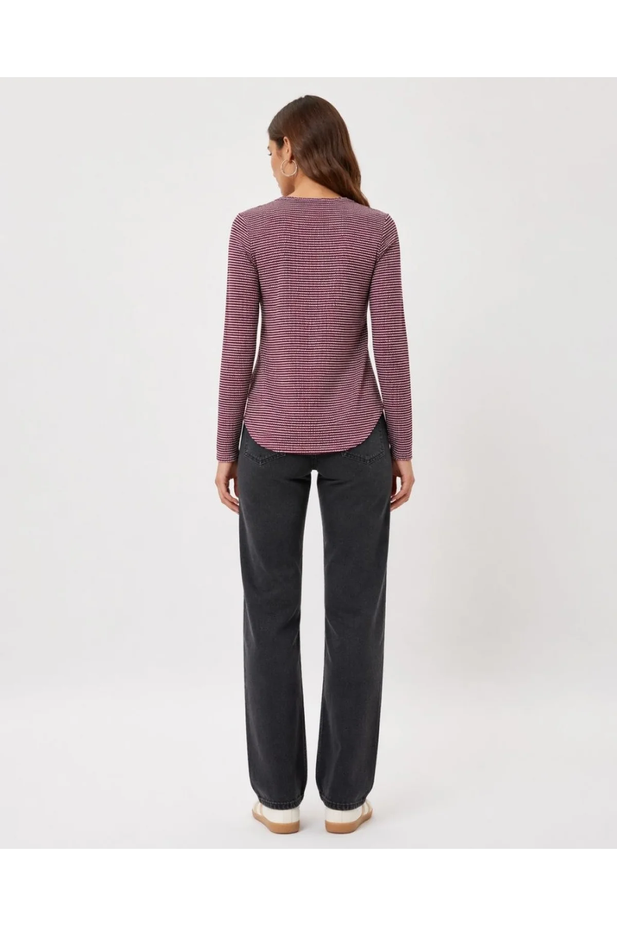 Kadın Dokulu Çizgili Uzun Kollu Tişört Oval Kesim Basic Rahat Kalıp Bluz - Bordo