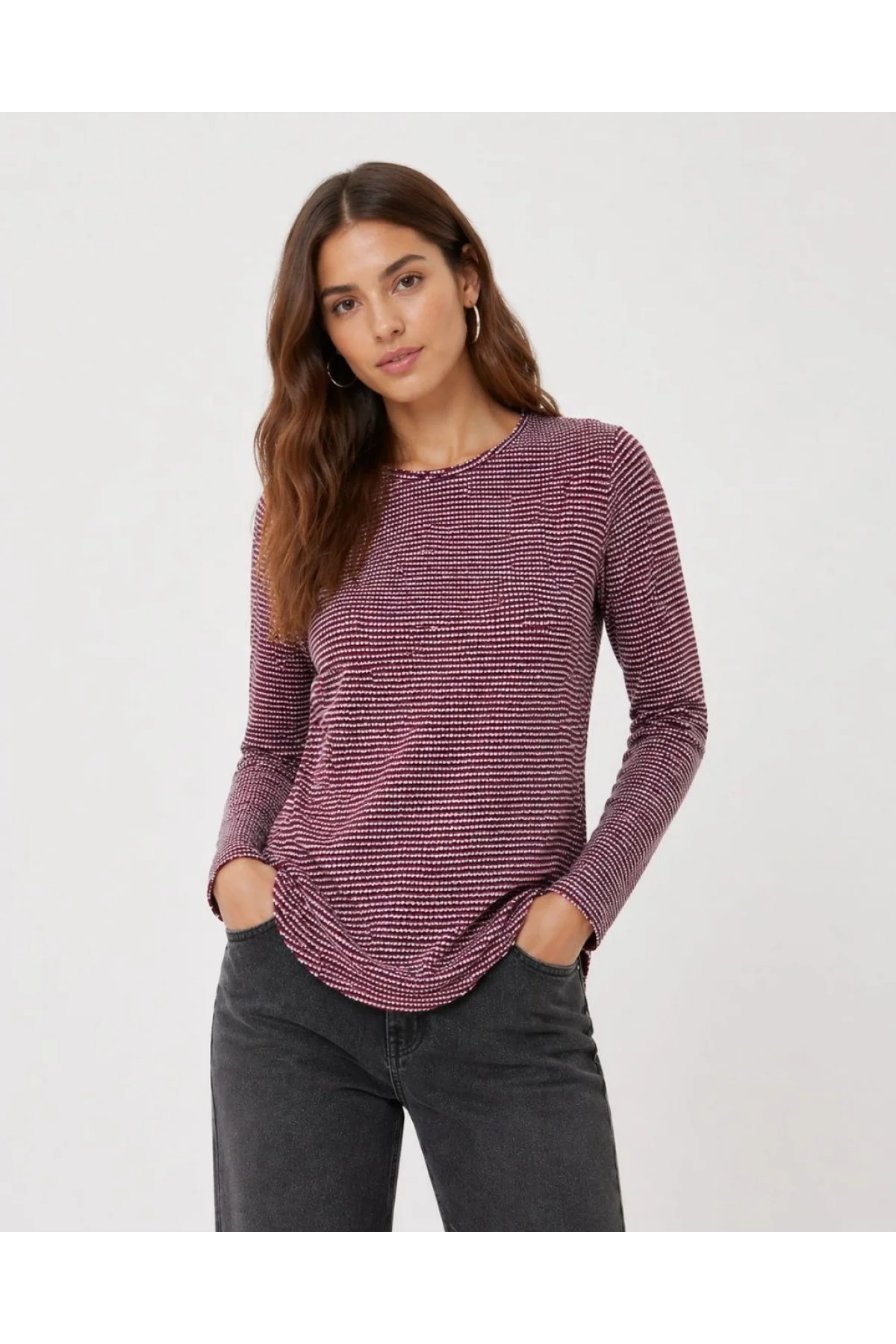 Kadın Dokulu Çizgili Uzun Kollu Tişört Oval Kesim Basic Rahat Kalıp Bluz - Bordo
