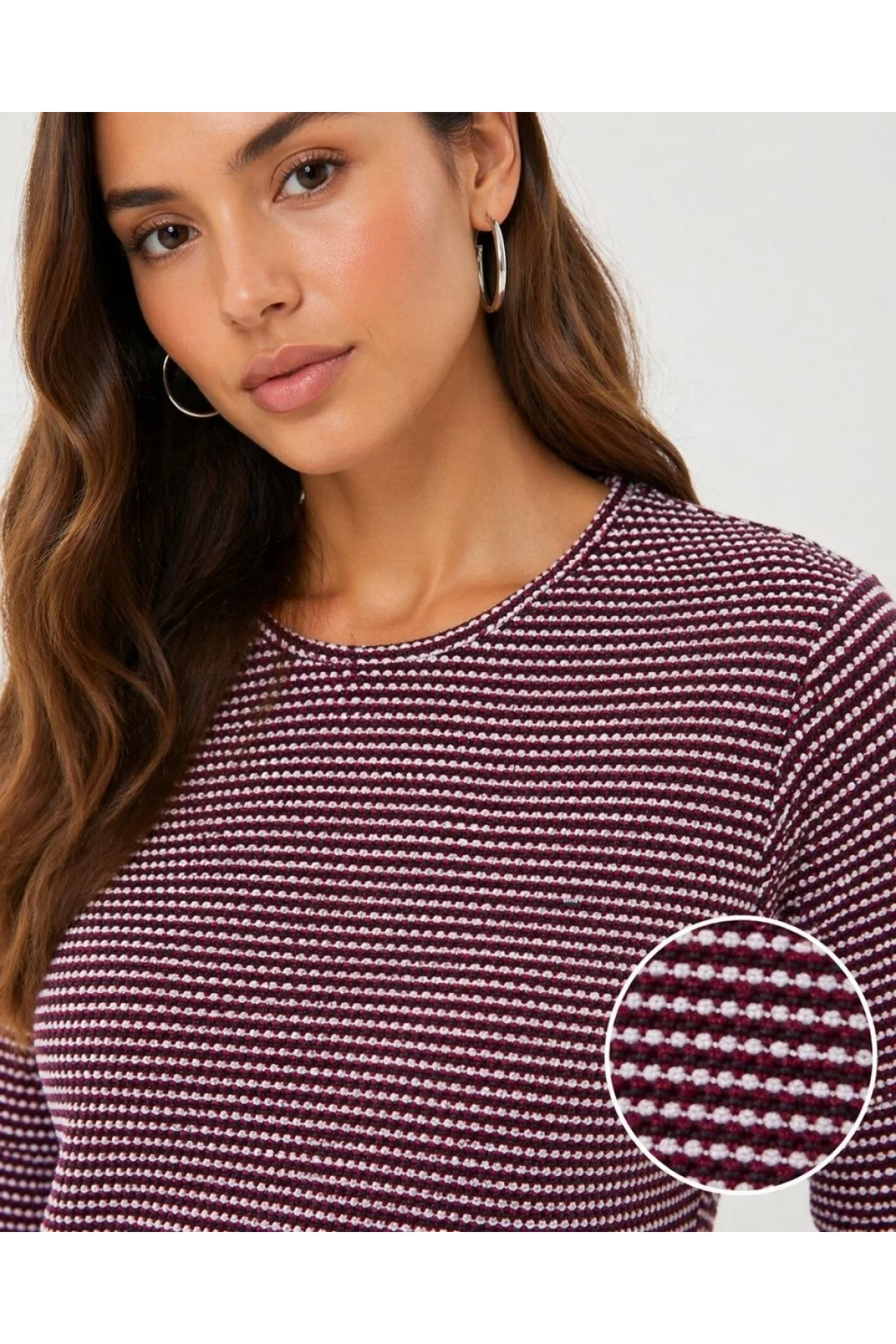 Kadın Dokulu Çizgili Uzun Kollu Tişört Oval Kesim Basic Rahat Kalıp Bluz - Bordo