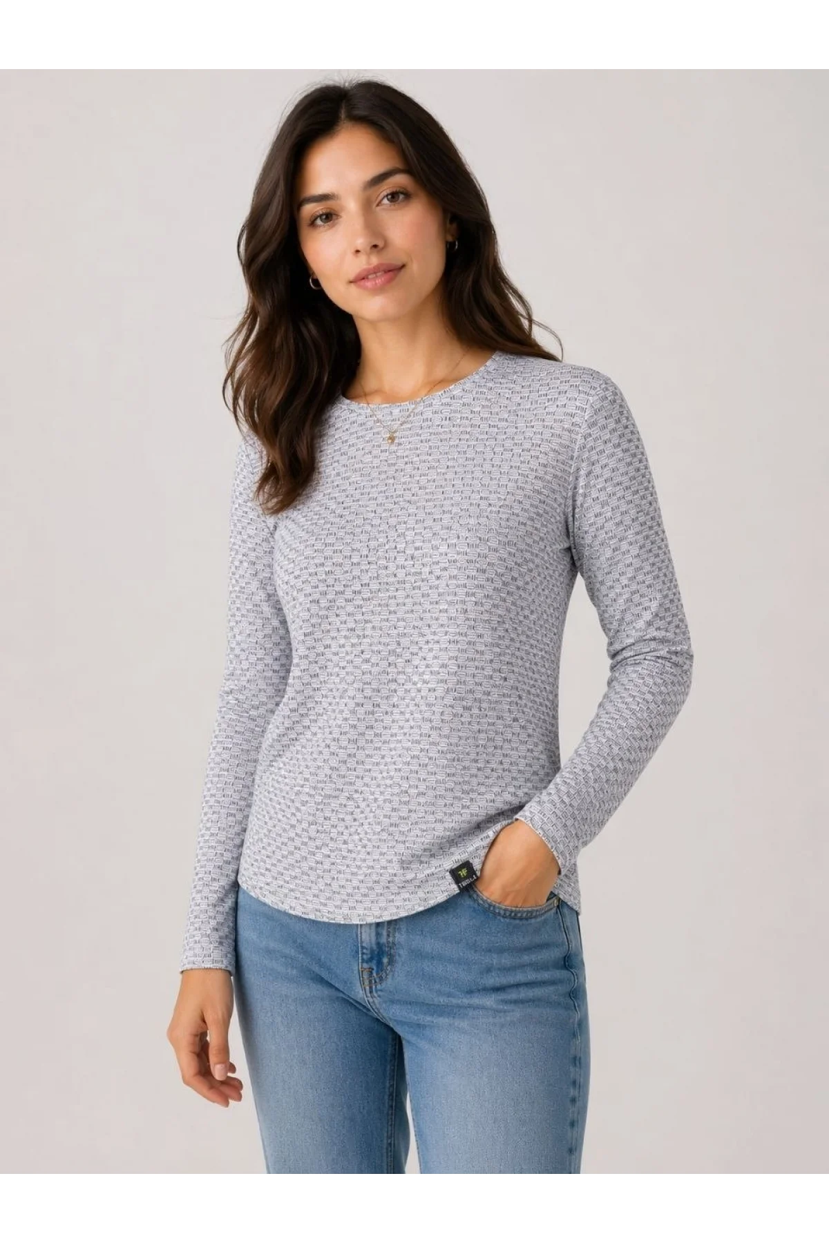 Kadın Likralı Dokulu Uzun Kollu Tişört Oval Kesim Rahat Kalıp Bluz - Gri