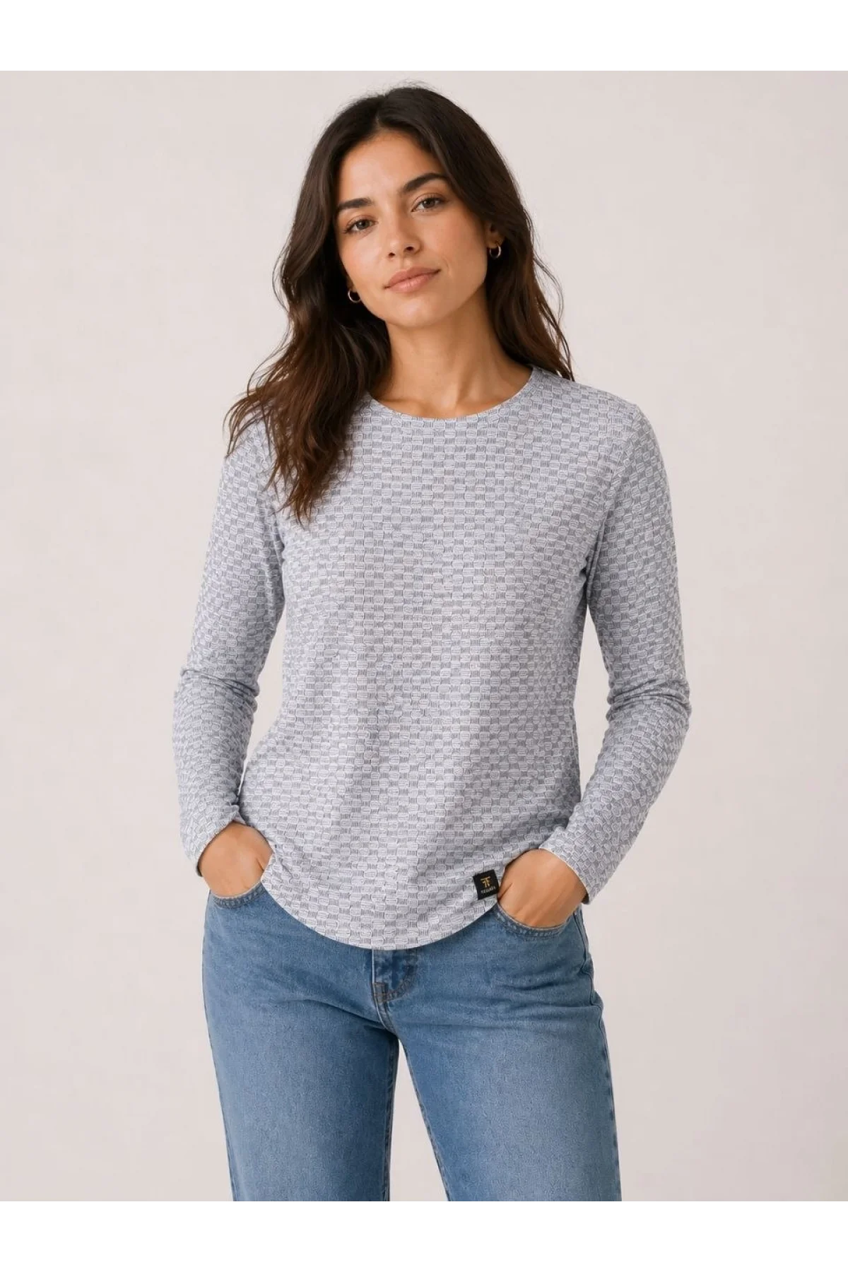 Kadın Likralı Dokulu Uzun Kollu Tişört Oval Kesim Rahat Kalıp Bluz - Gri