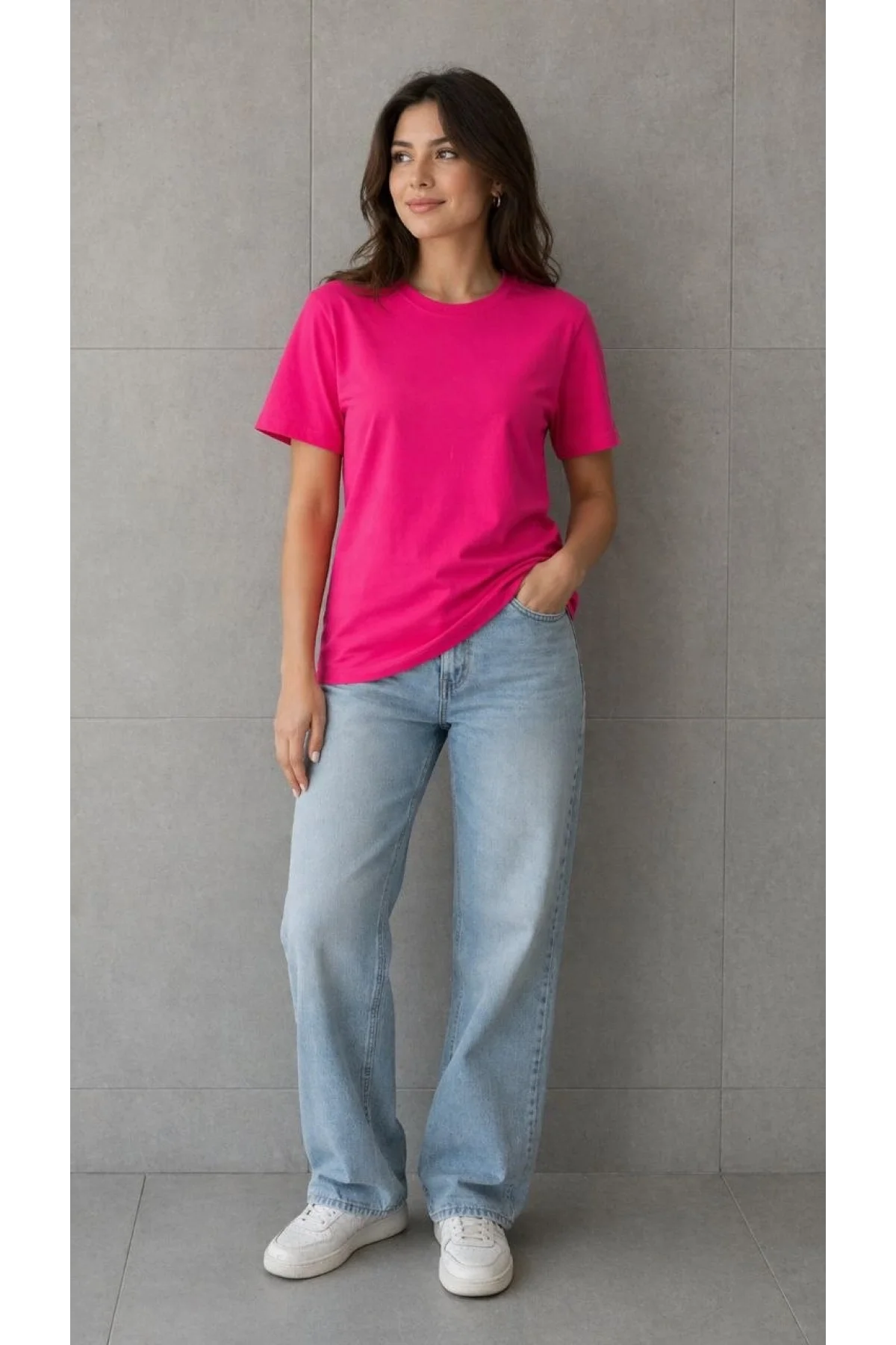 Kadın Basic Pamuklu Tişört Bisiklet Yaka Düz Renk Relaxed Fit T-Shirt - Fuşya