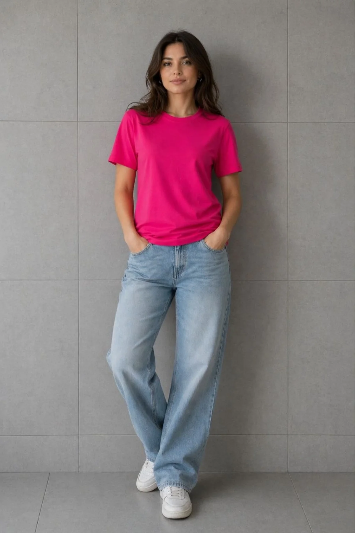 Kadın Basic Pamuklu Tişört Bisiklet Yaka Düz Renk Relaxed Fit T-Shirt - Fuşya