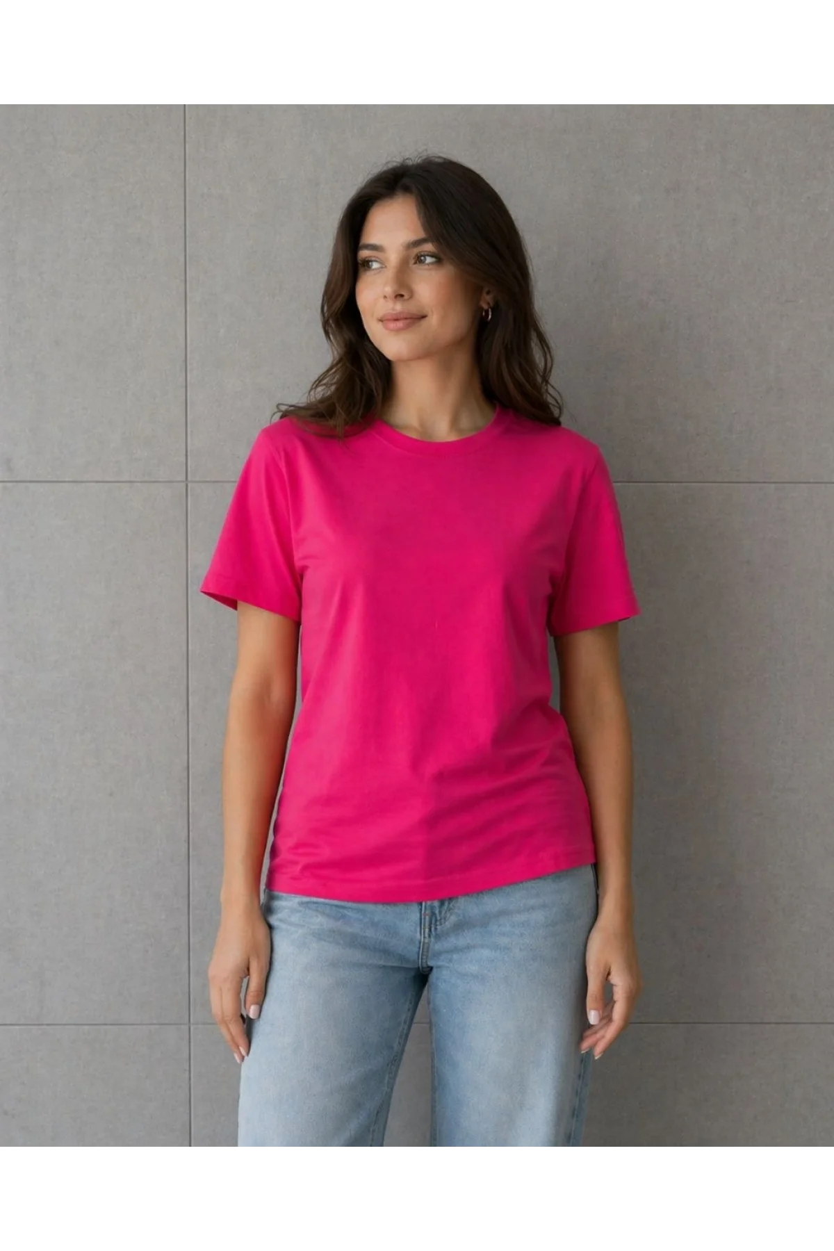 Kadın Basic Pamuklu Tişört Bisiklet Yaka Düz Renk Relaxed Fit T-Shirt - Fuşya