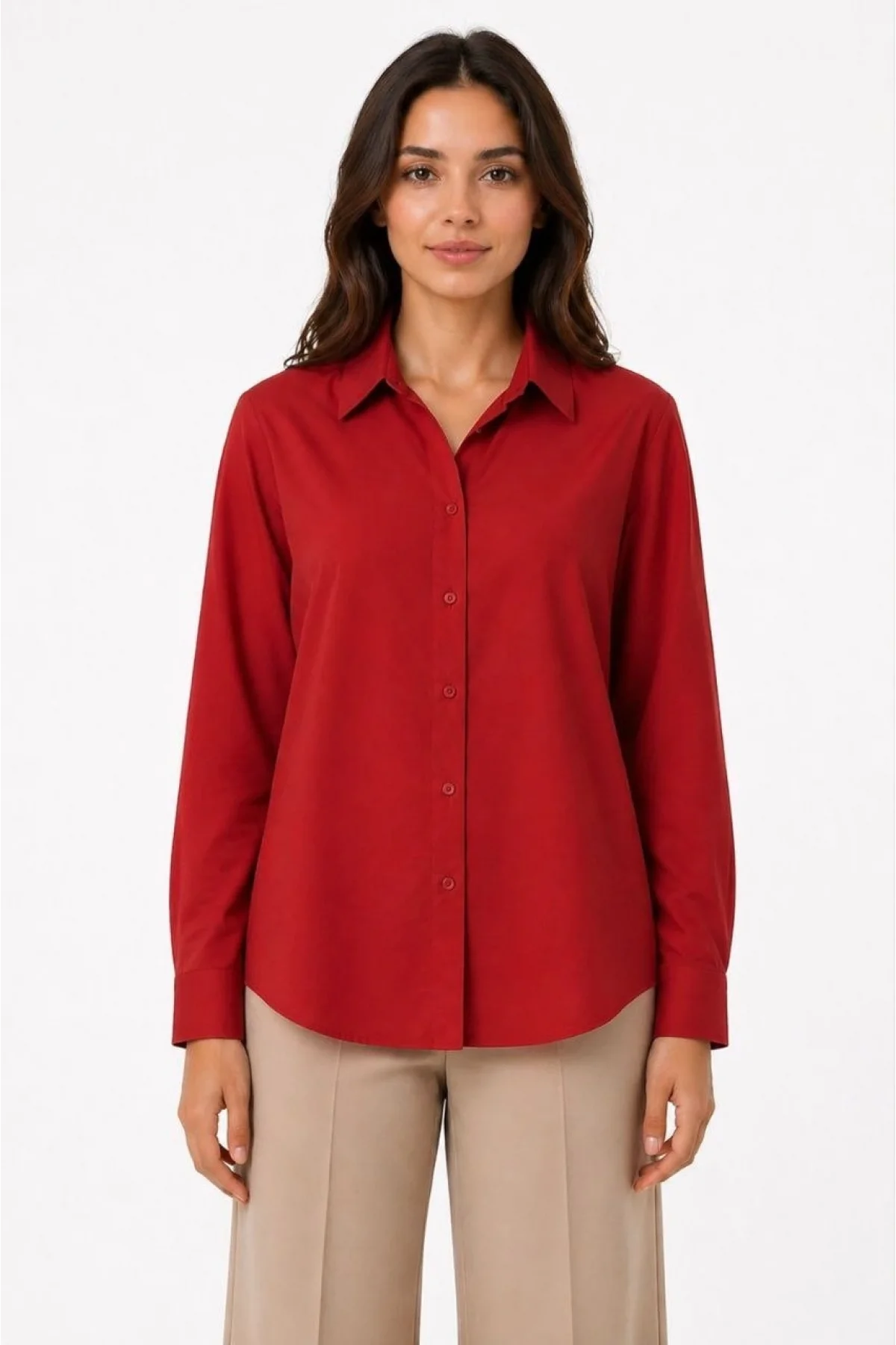 Kadın Uzun Kol Gömlek Düğmeli Klasik Yaka Günlük ve Ofis Şıklığına uygun - Kırmızı