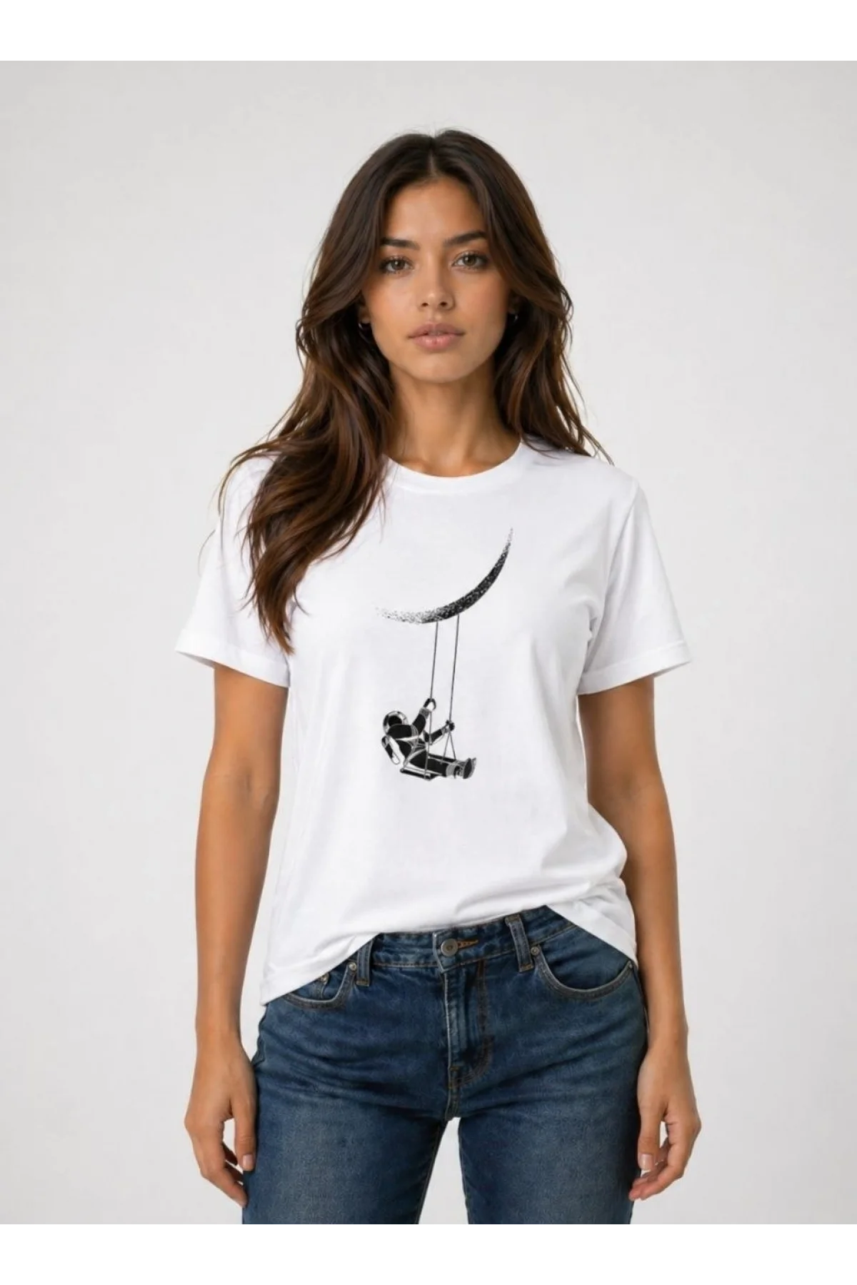 Kadın Astronot Ay Temalı Tişört Kısa Kol Yazlık Bisiklet Yaka T-Shirt - Beyaz
