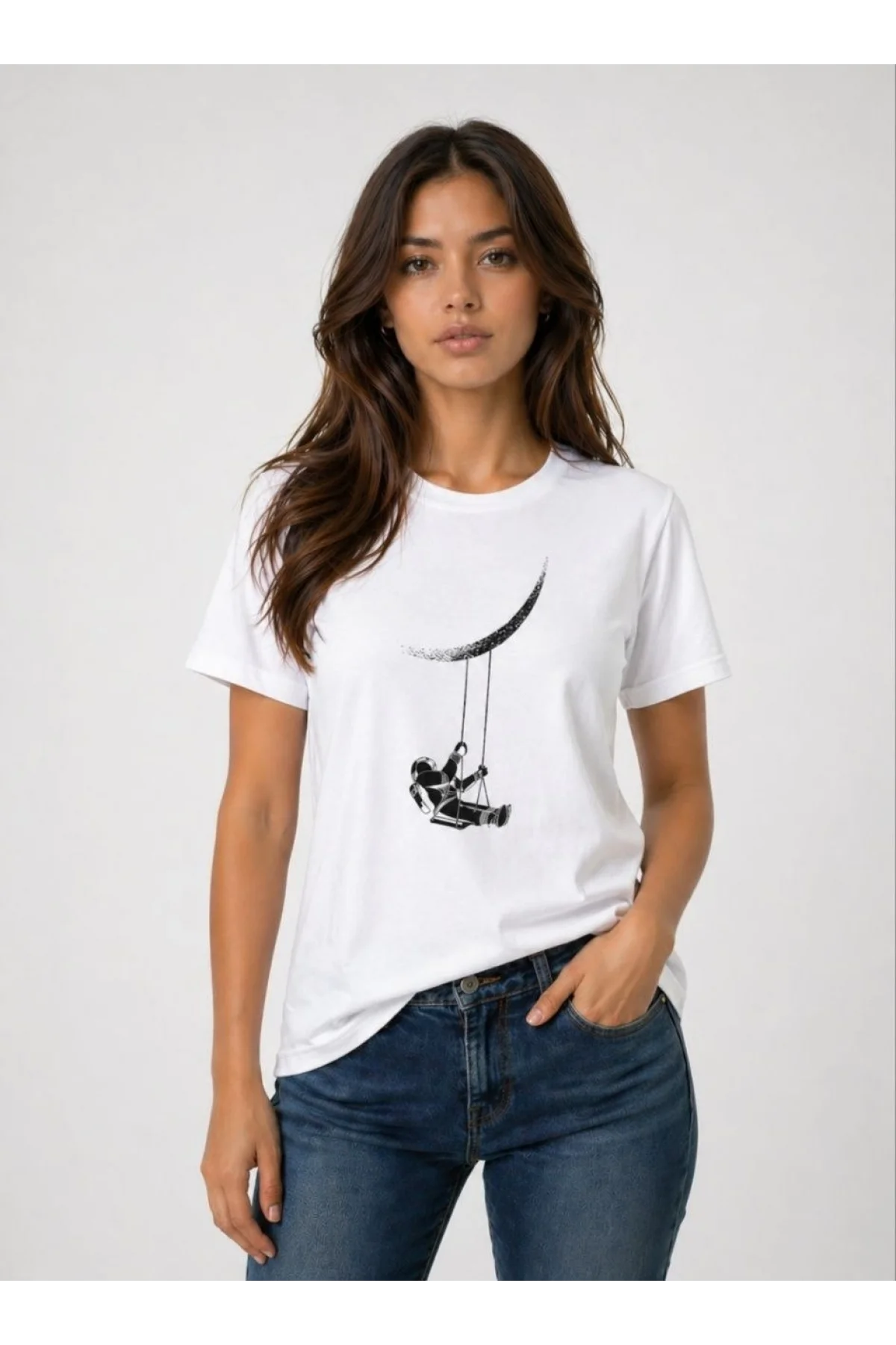 Kadın Astronot Ay Temalı Tişört Kısa Kol Yazlık Bisiklet Yaka T-Shirt - Beyaz