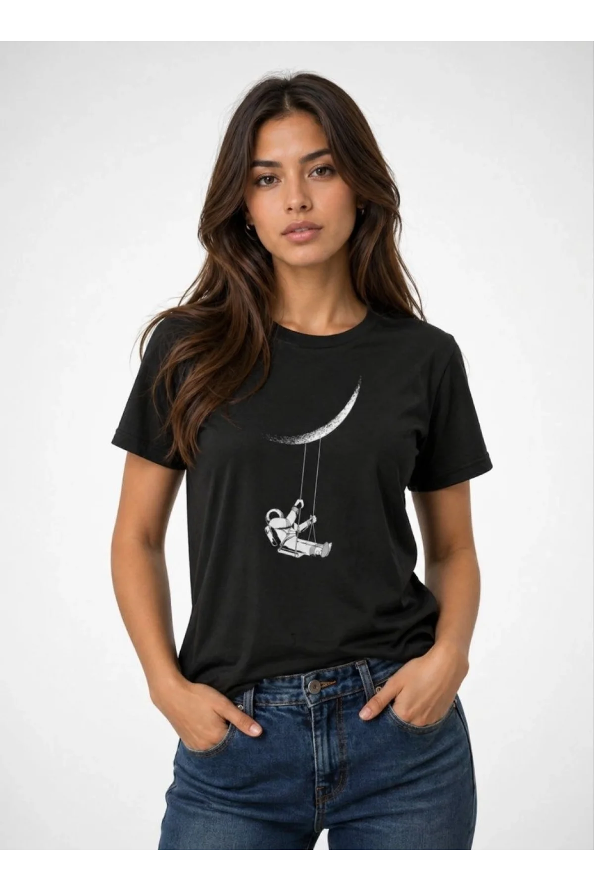 Kadın Astronot Ay Temalı Tişört Kısa Kol Yazlık Bisiklet Yaka T-Shirt - Siyah