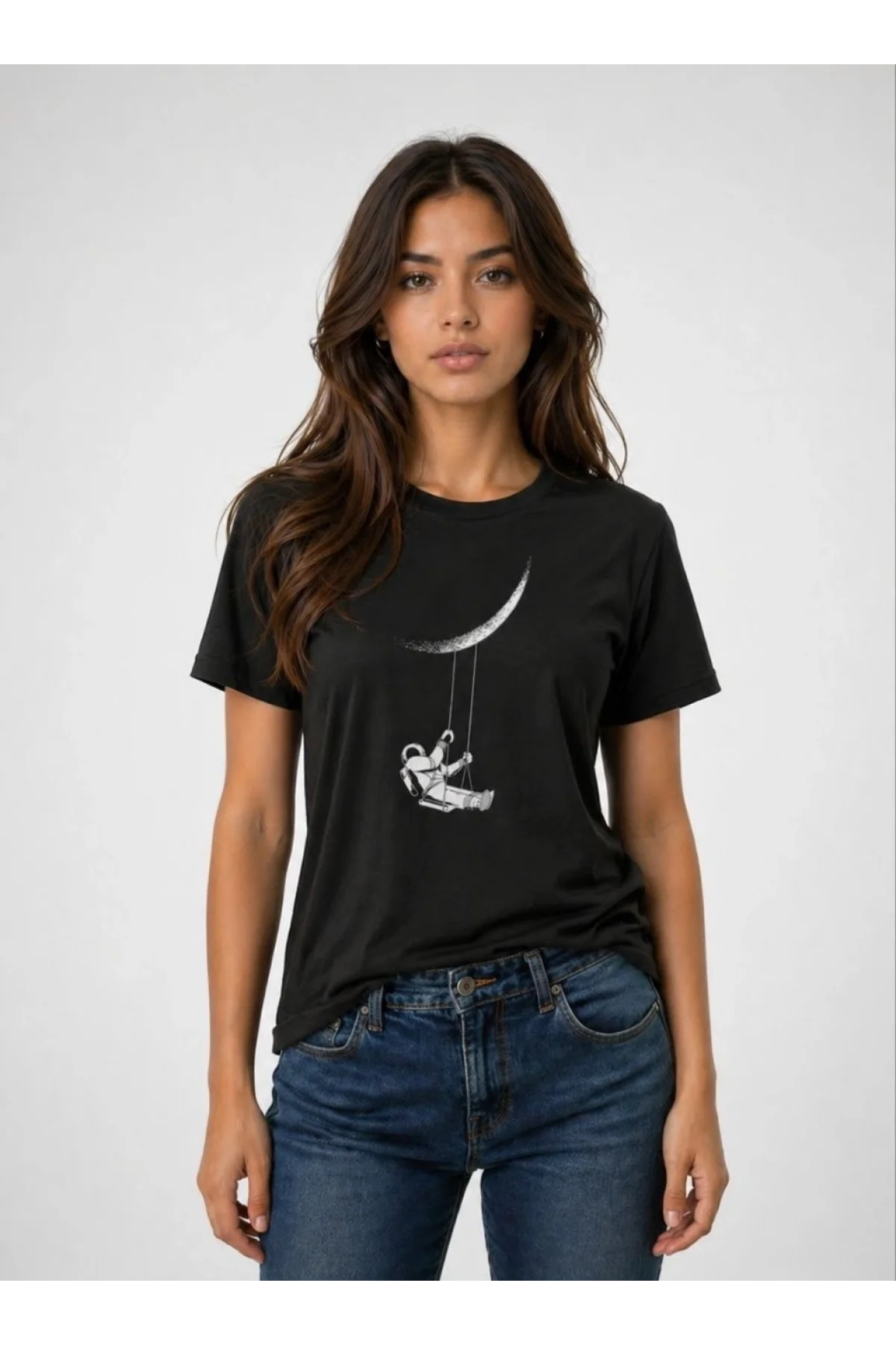 Kadın Astronot Ay Temalı Tişört Kısa Kol Yazlık Bisiklet Yaka T-Shirt - Siyah