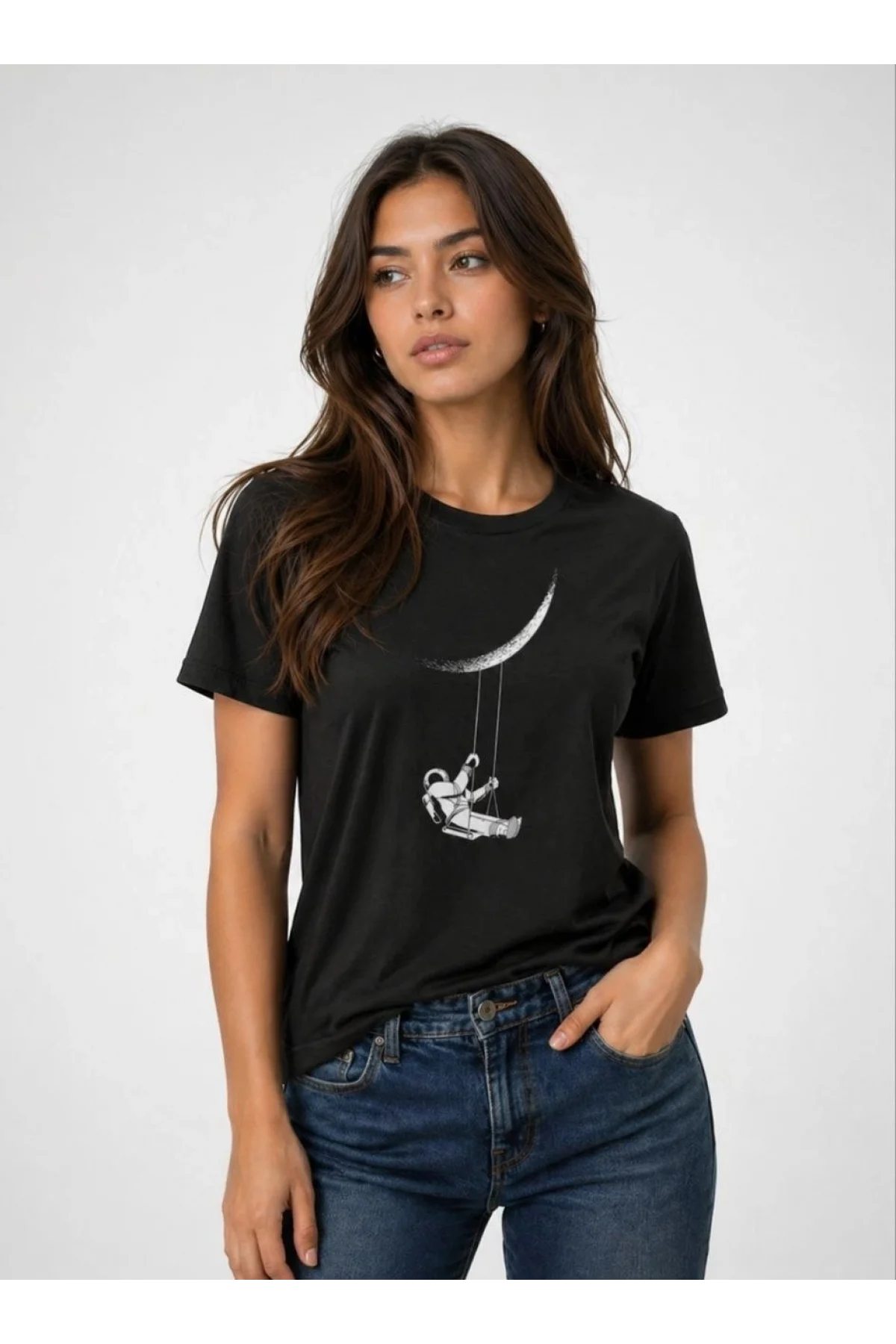 Kadın Astronot Ay Temalı Tişört Kısa Kol Yazlık Bisiklet Yaka T-Shirt - Siyah