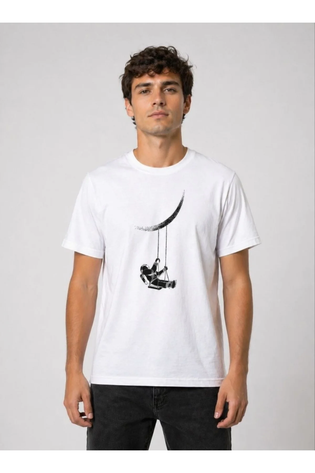 Erkek Astronot Ay Temalı Tişört Kısa Kol Yazlık Bisiklet Yaka T-Shirt - Beyaz