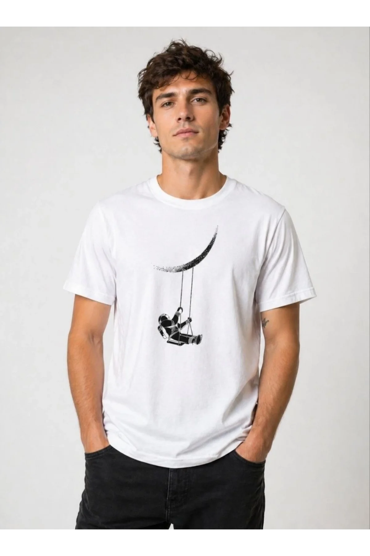Erkek Astronot Ay Temalı Tişört Kısa Kol Yazlık Bisiklet Yaka T-Shirt - Beyaz
