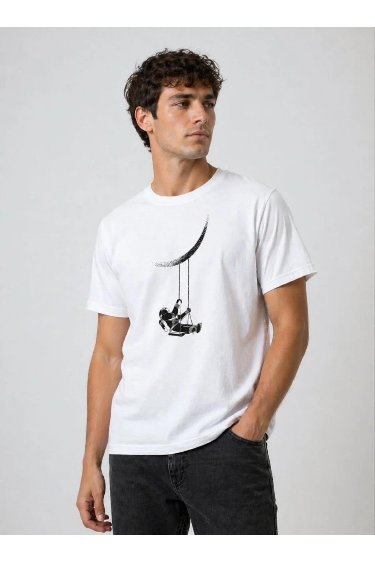 Erkek Astronot Ay Temalı Tişört Kısa Kol Yazlık Bisiklet Yaka T-Shirt - Beyaz