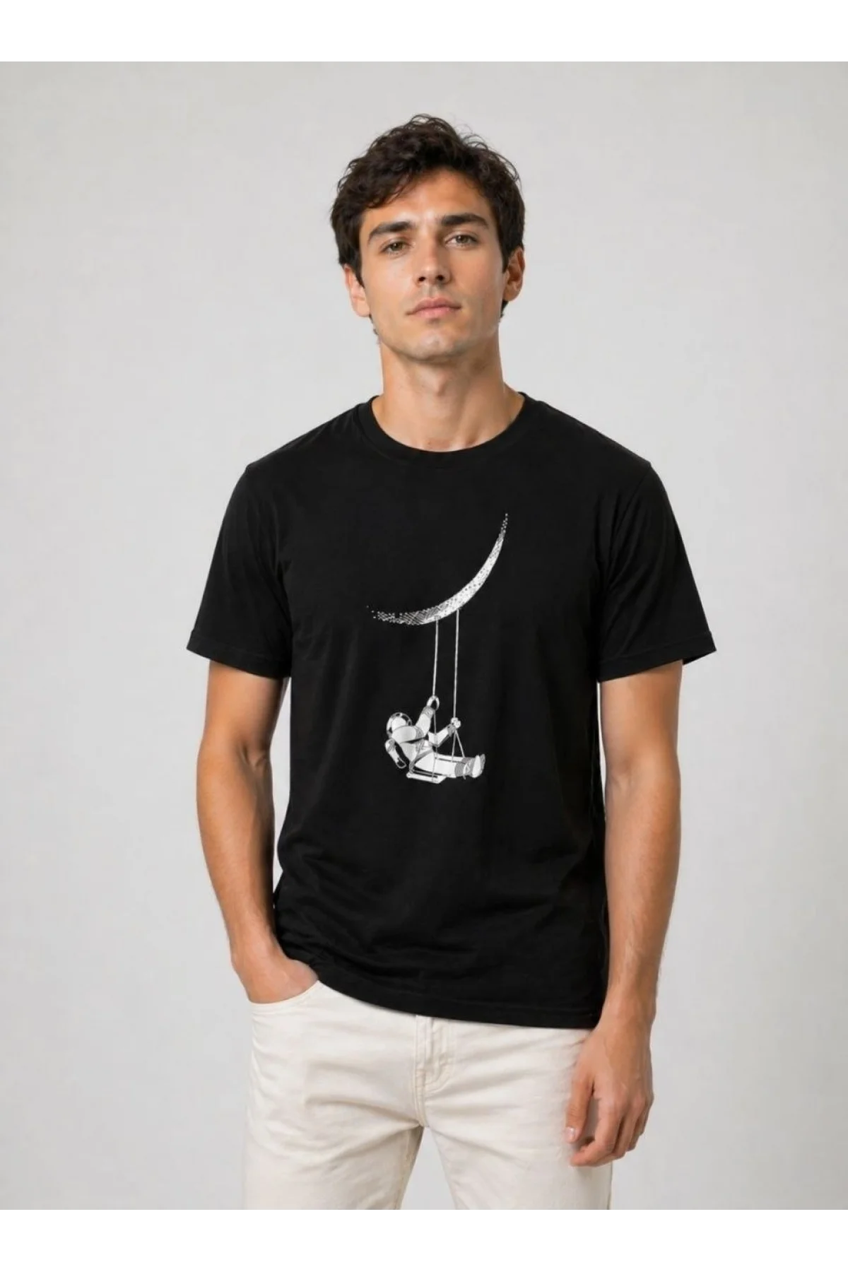 Erkek Astronot Ay Temalı Tişört Kısa Kol Yazlık Bisiklet Yaka T-Shirt - Siyah