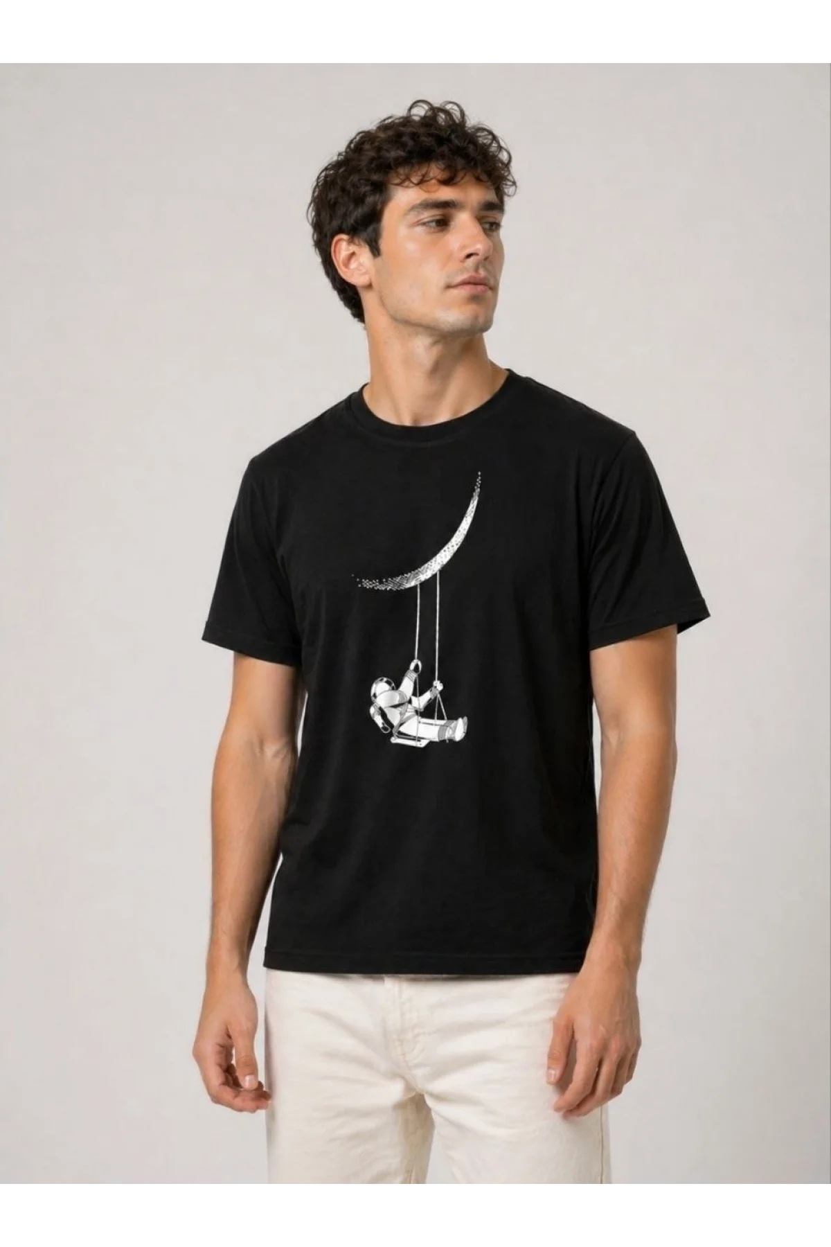 Erkek Astronot Ay Temalı Tişört Kısa Kol Yazlık Bisiklet Yaka T-Shirt - Siyah