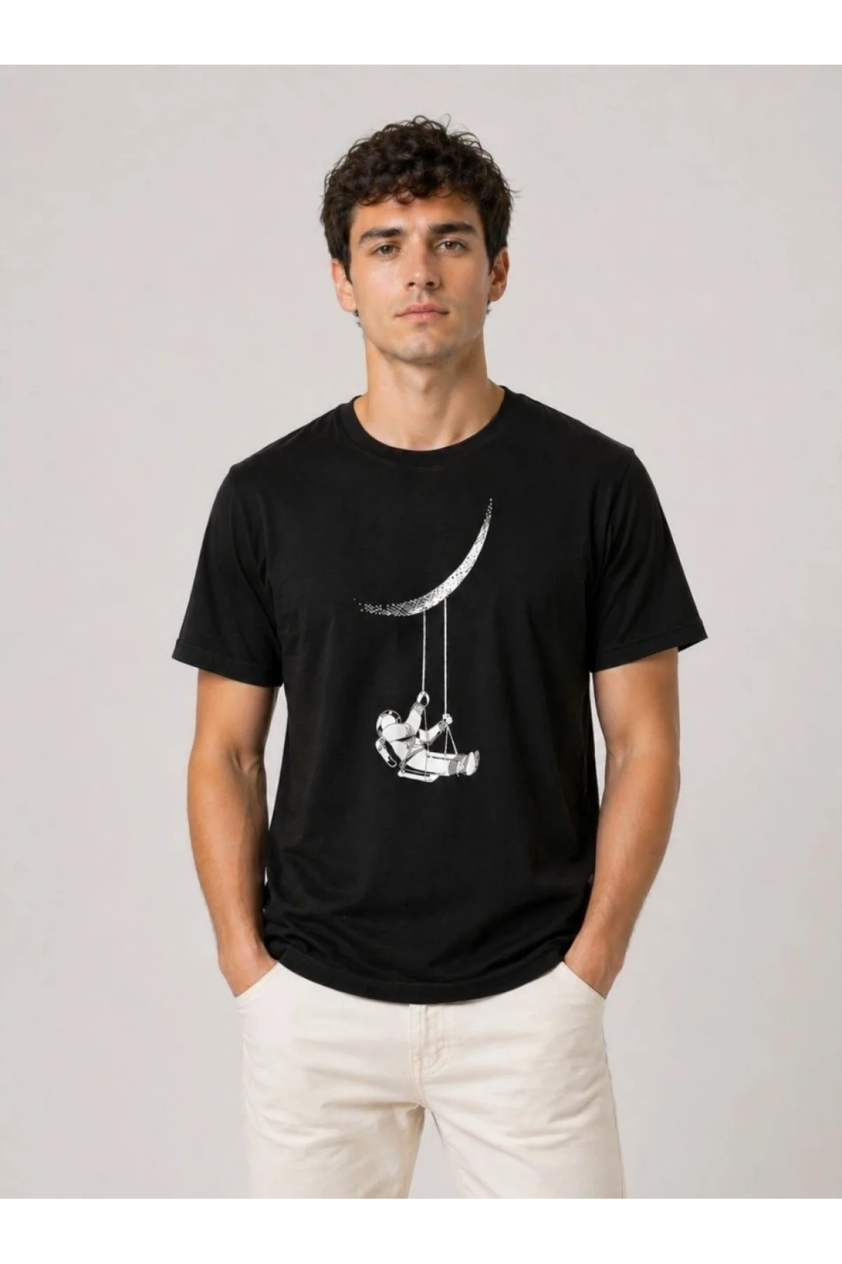 Erkek Astronot Ay Temalı Tişört Kısa Kol Yazlık Bisiklet Yaka T-Shirt - Siyah