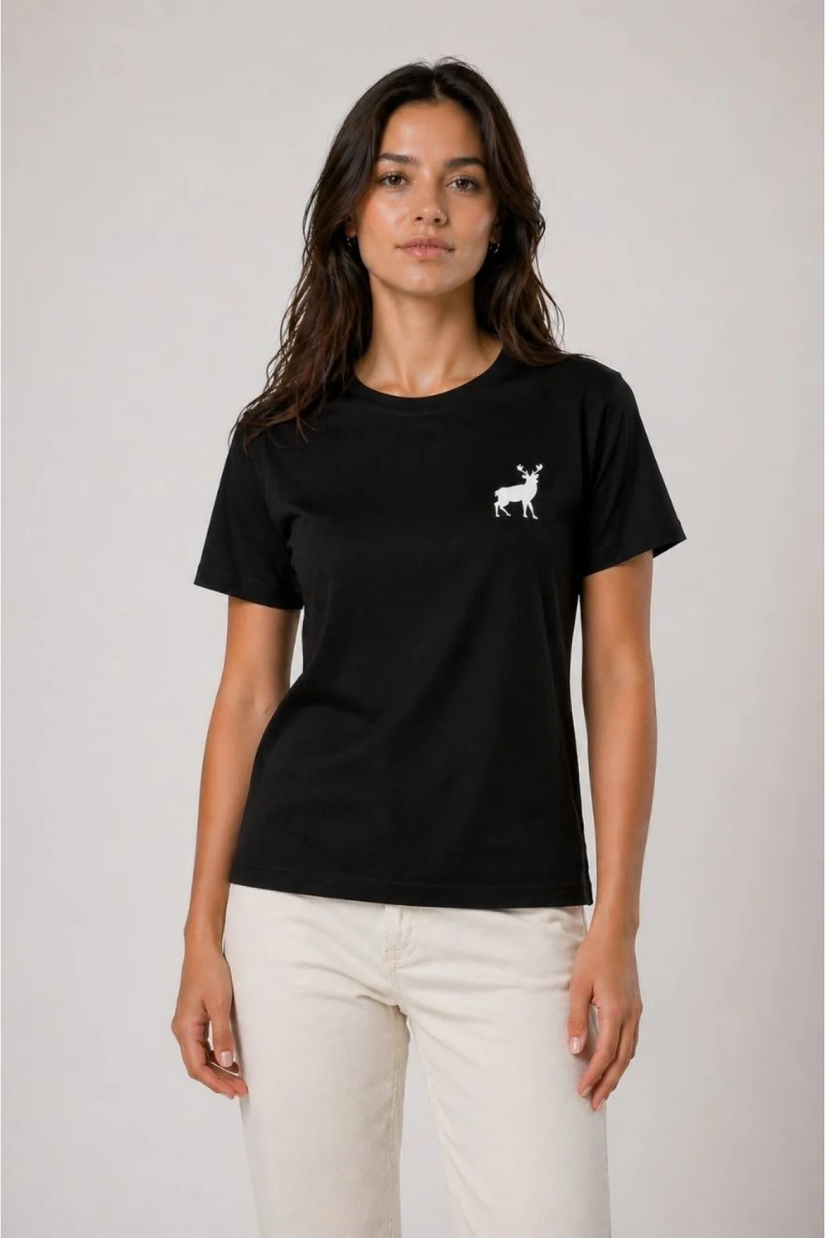 Kadın Minimal Geyik Logolu Tişört Bisiklet Yaka Kısa kol Yazlık T-Shirt - Siyah